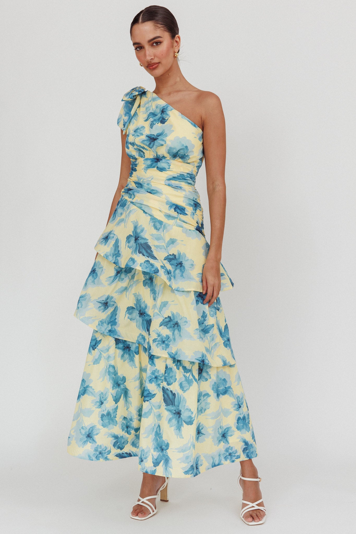 Kenny One Shoulder Tiered Floral Maxi Dress Yellow by Selfie Leslie