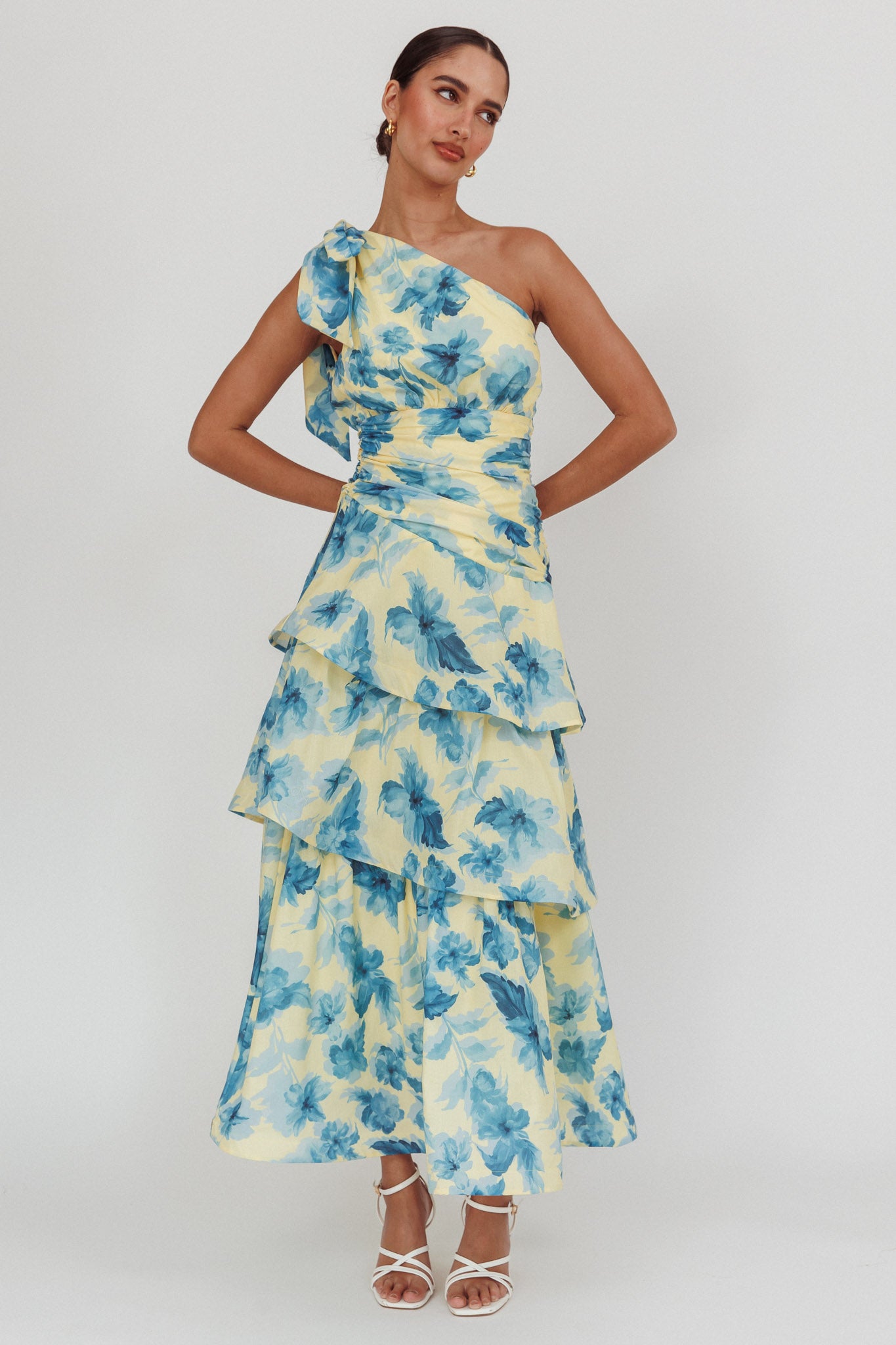 Kenny One Shoulder Tiered Floral Maxi Dress Yellow by Selfie Leslie