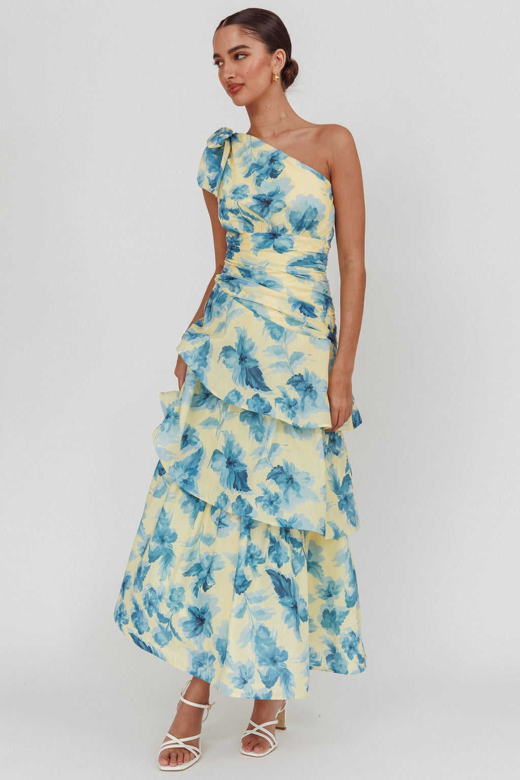 Kenny One Shoulder Tiered Floral Maxi Dress Yellow by Selfie Leslie