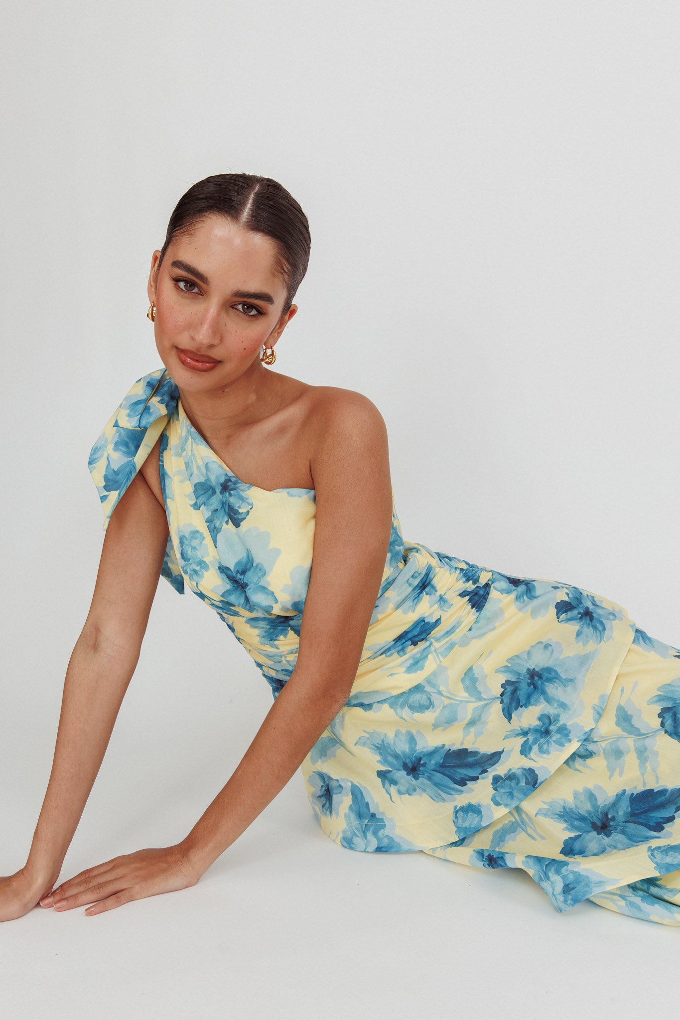 Kenny One Shoulder Tiered Floral Maxi Dress Yellow by Selfie Leslie