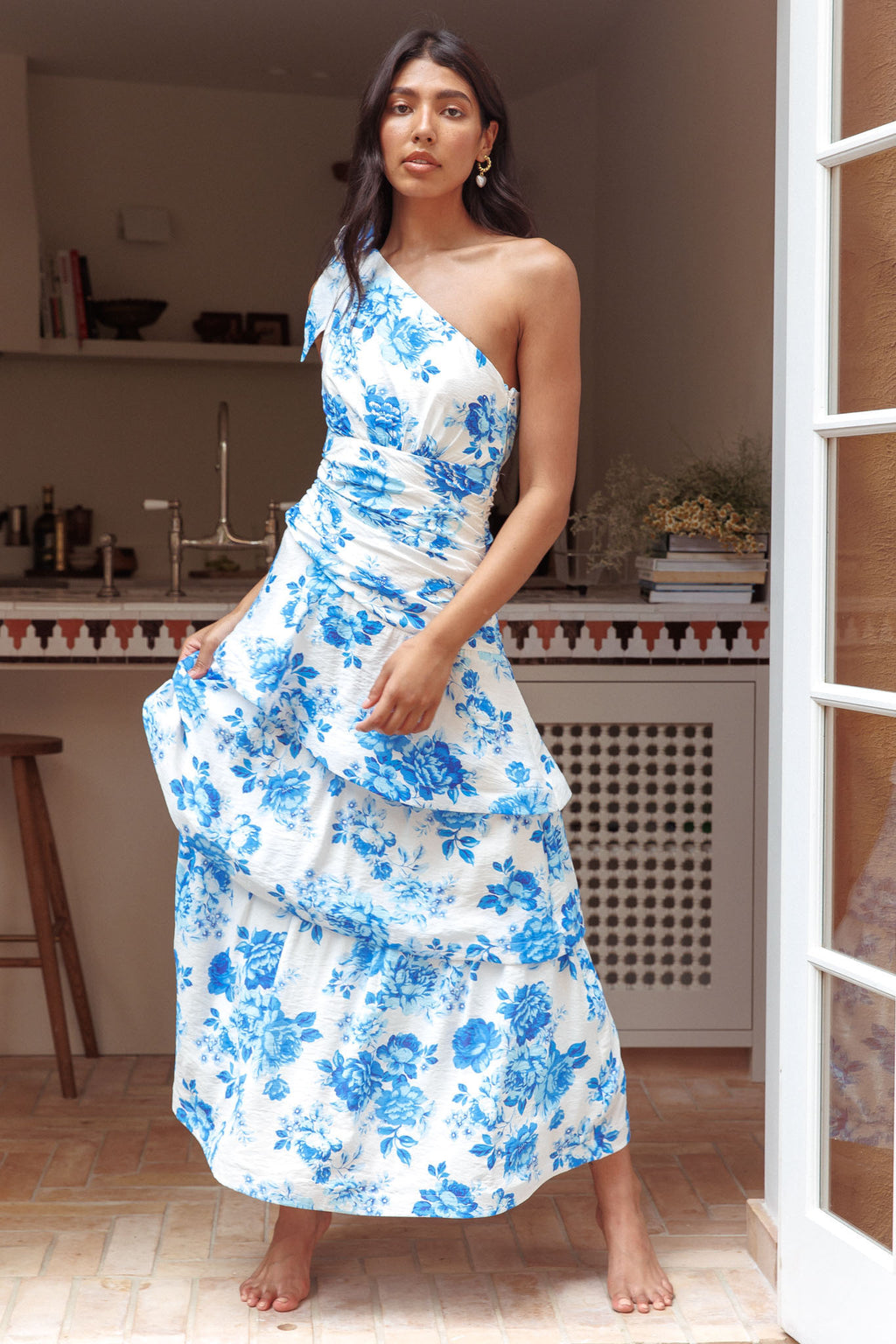 Cotton Marble Print Dress Kenny One Shoulder Tiered Maxi Dress Blue S Cotton Marble Print Dress Kenny One Shoulder Tiered Maxi Dress Blue S