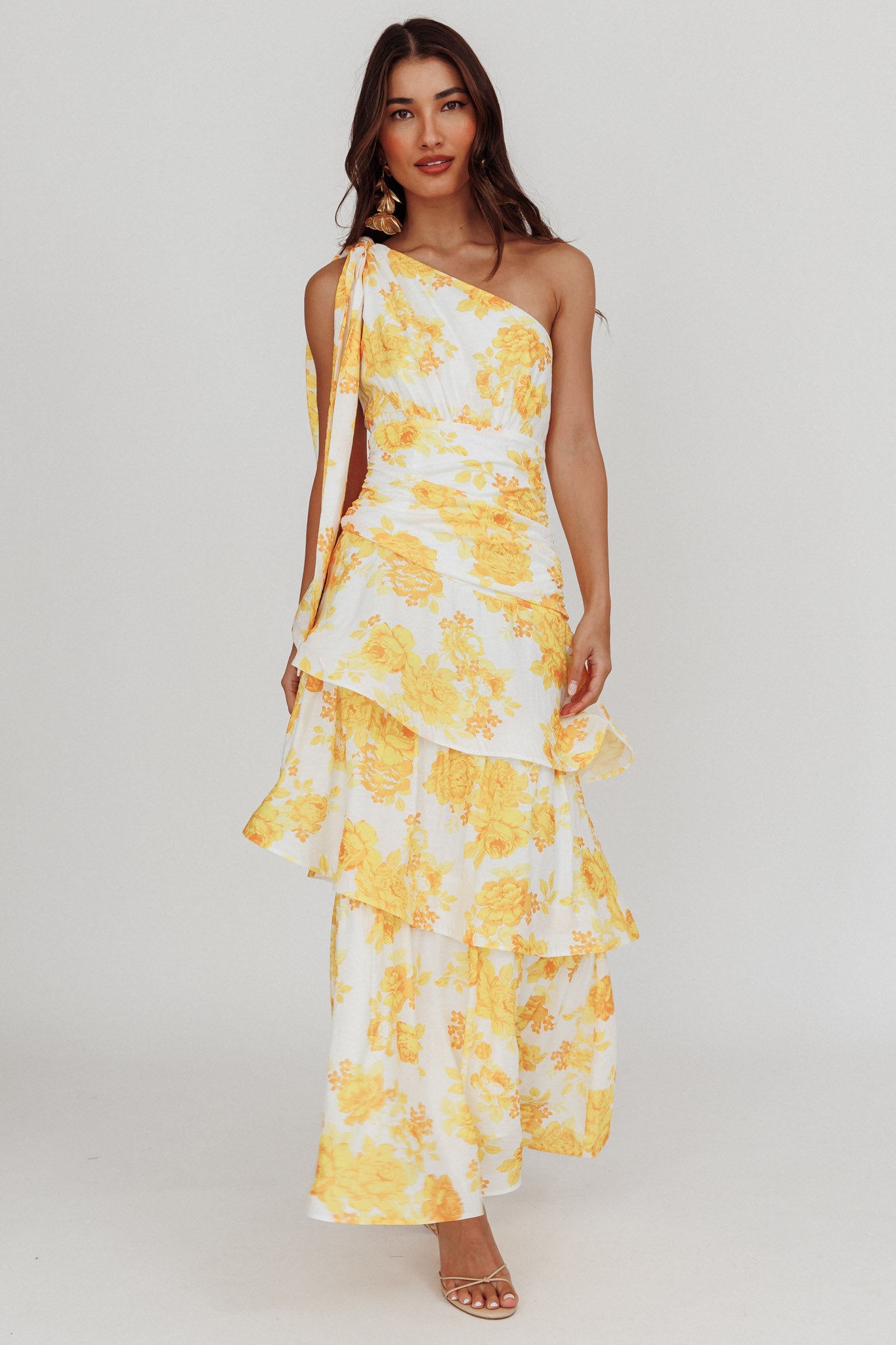 Kenny One Shoulder Tiered Maxi Dress Yellow by Selfie Leslie