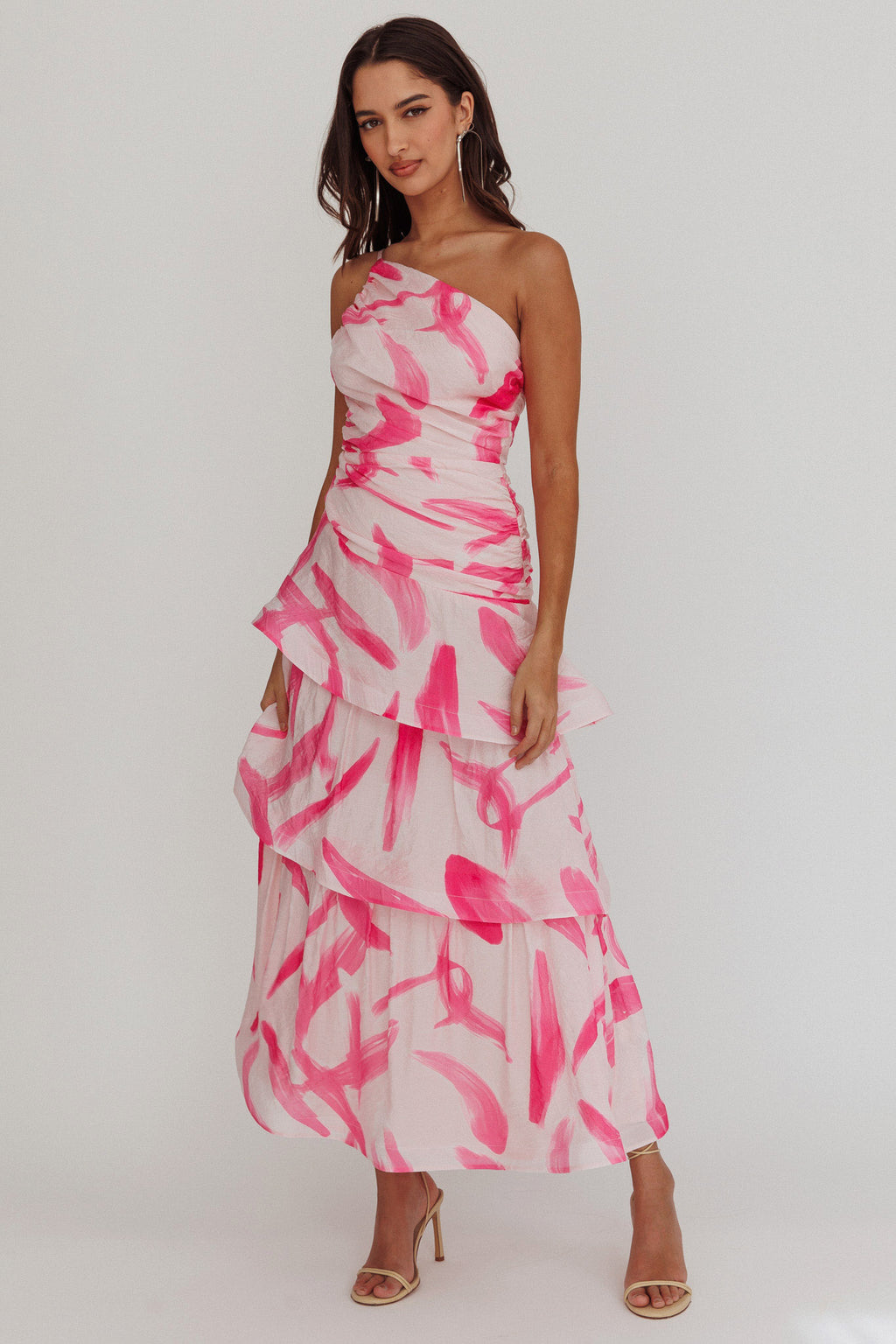 Kenny One Shoulder Tiered Maxi Dress Print Pink by Selfie Leslie