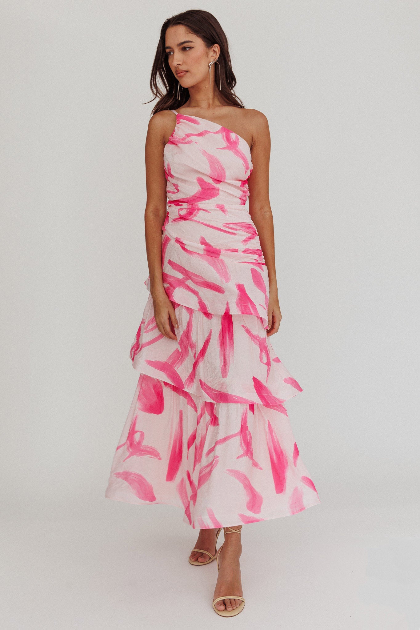 Kenny One Shoulder Tiered Maxi Dress Print Pink by Selfie Leslie