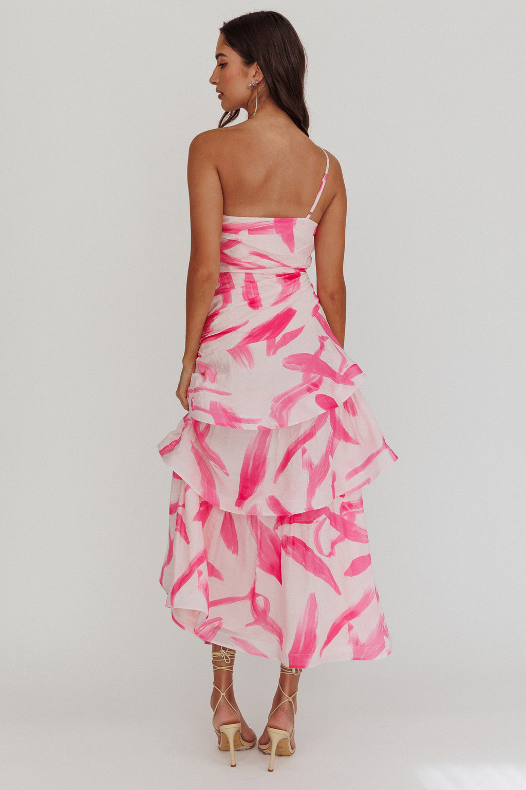 Kenny One Shoulder Tiered Maxi Dress Print Pink by Selfie Leslie