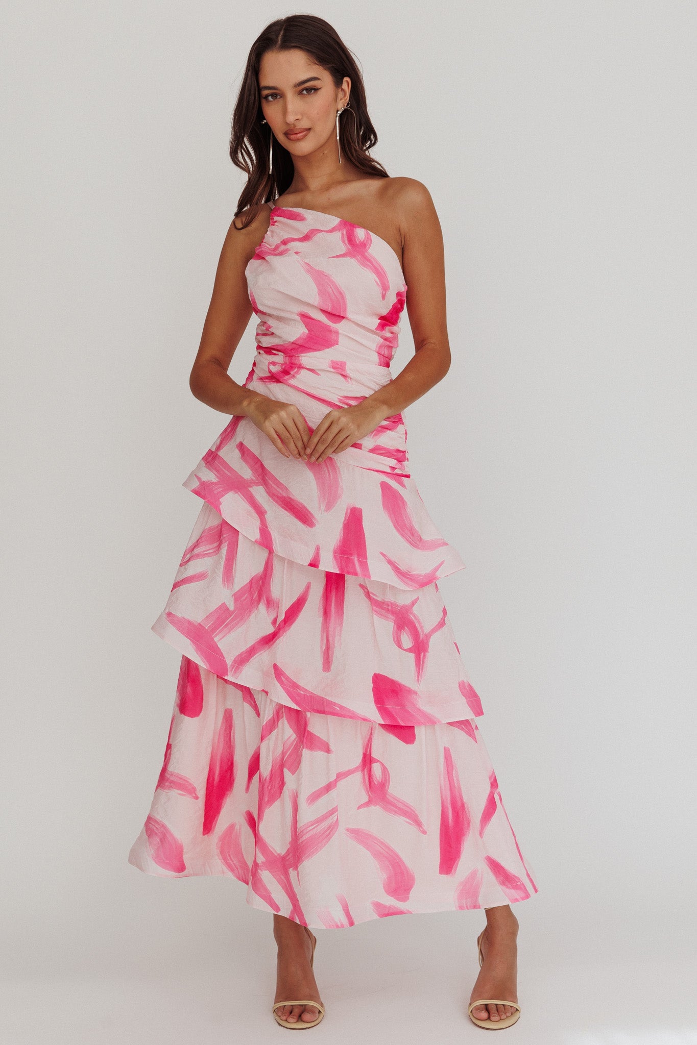 Kenny One Shoulder Tiered Maxi Dress Print Pink by Selfie Leslie