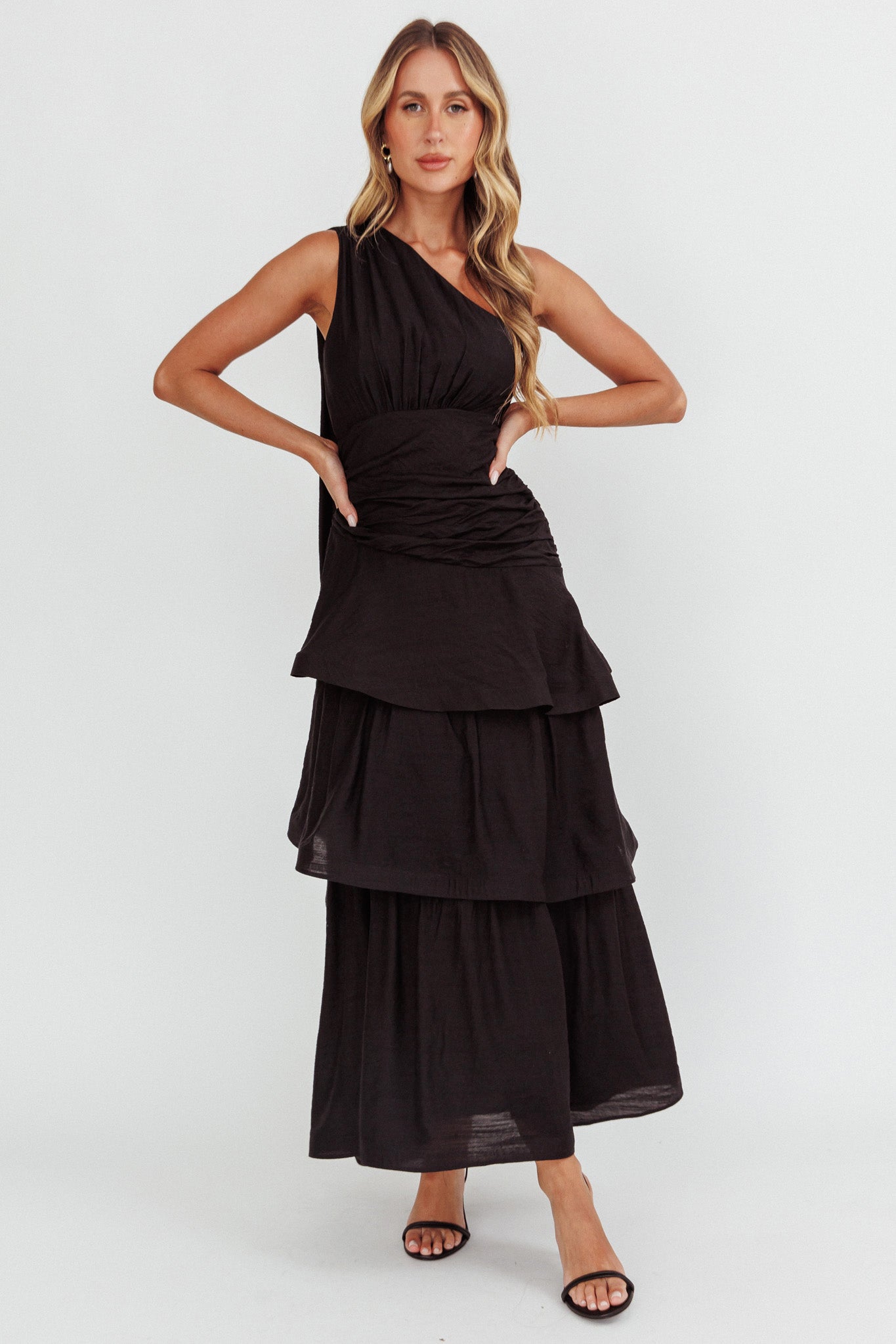 Shop the Kenny One Shoulder Tiered Maxi Dress Solid Black