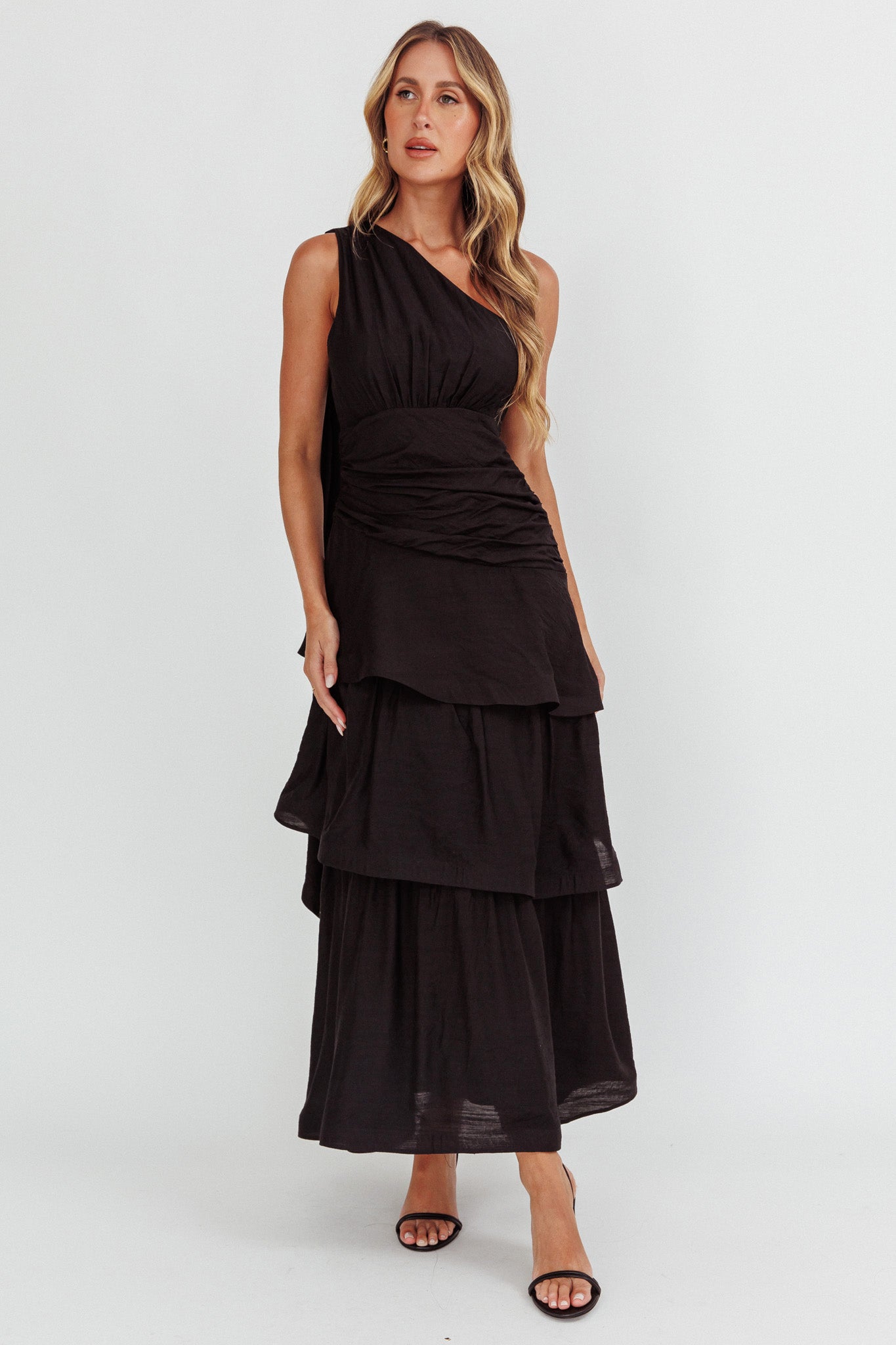 Kenny One Shoulder Tiered Maxi Dress Solid Black | Selfie Leslie