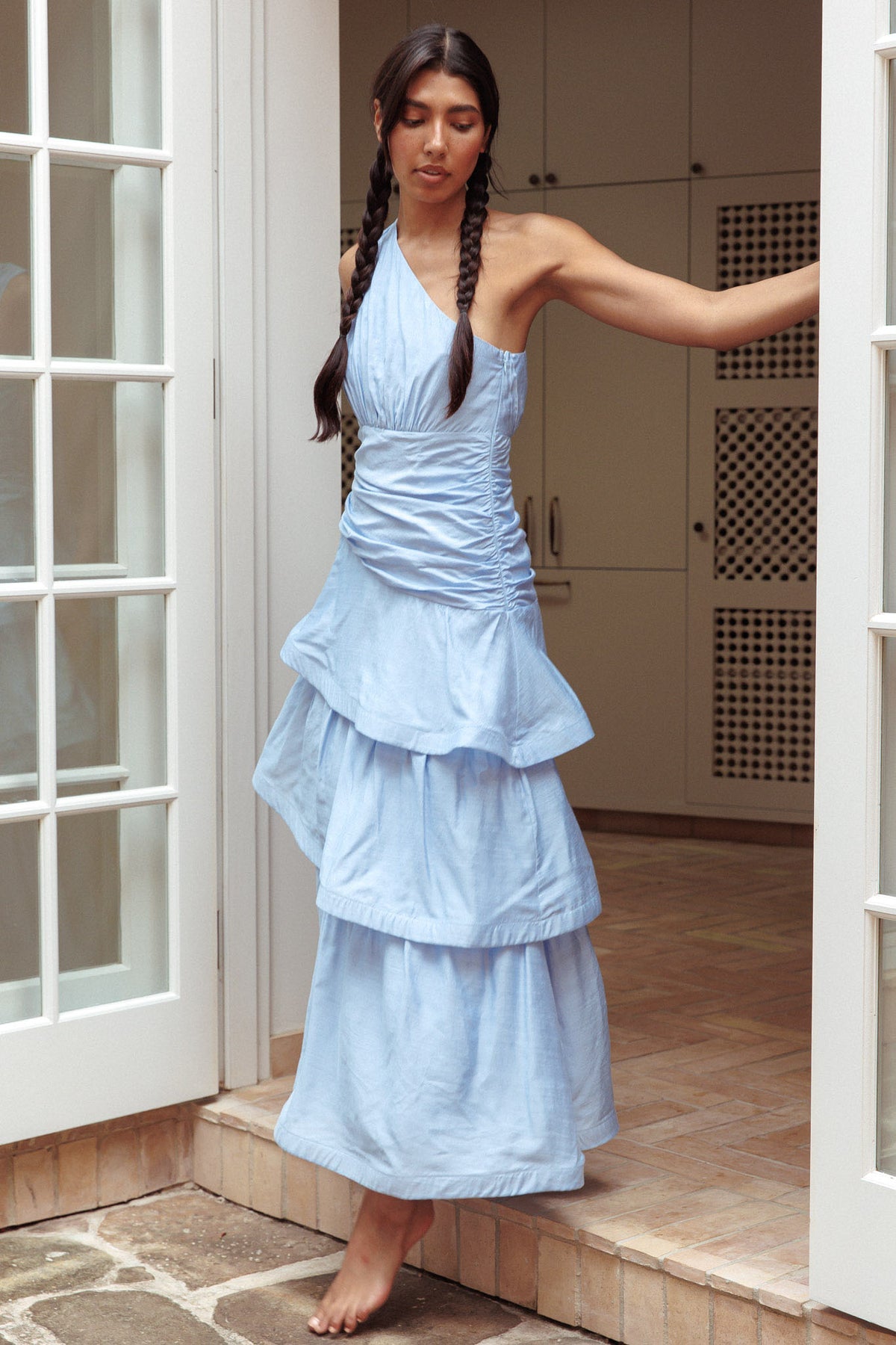 blue tiered dress maxi Kenny One Shoulder Solid 100% Polyester june-sale-all Mermaid V Neck Backless size:XS / 2