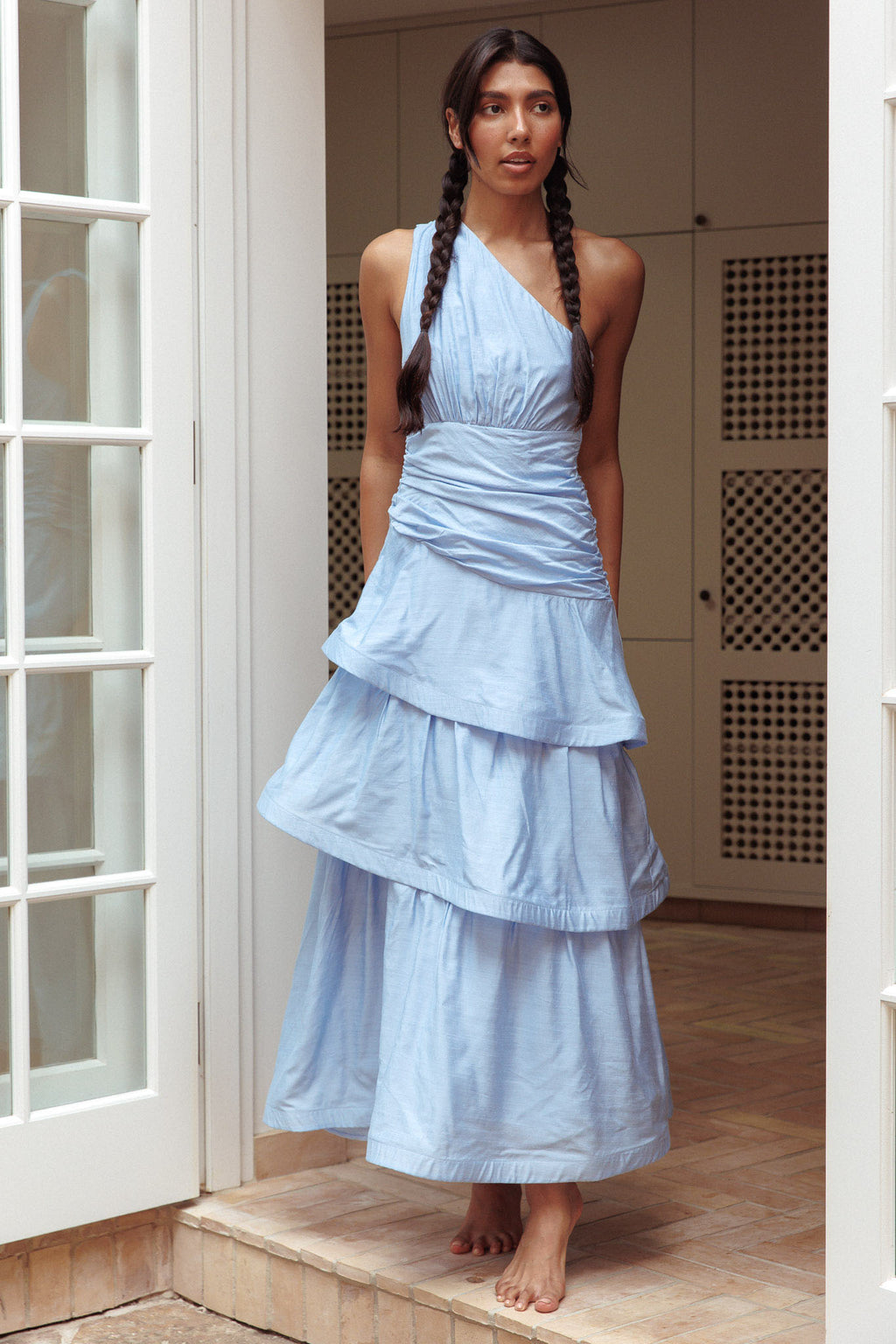 Kenny One Shoulder Tiered Maxi Dress Solid Blue by Selfie Leslie