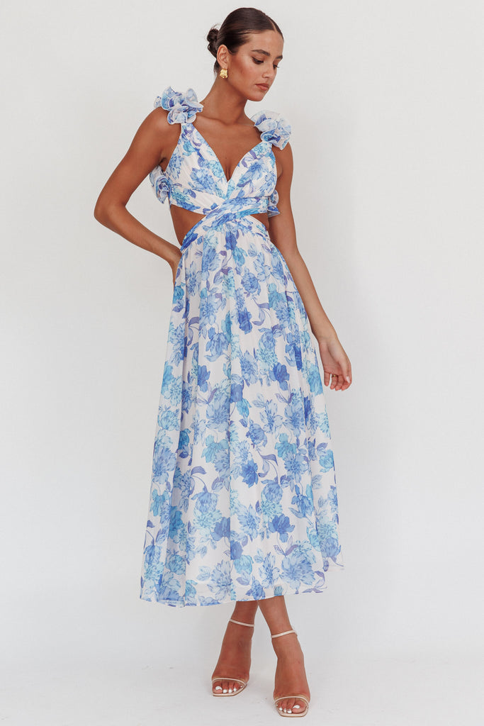 ワンピース Lace Trimmed Floral Dress powder blue M Shop the Madara Lace-Up Back Maxi Dress Floral Blue