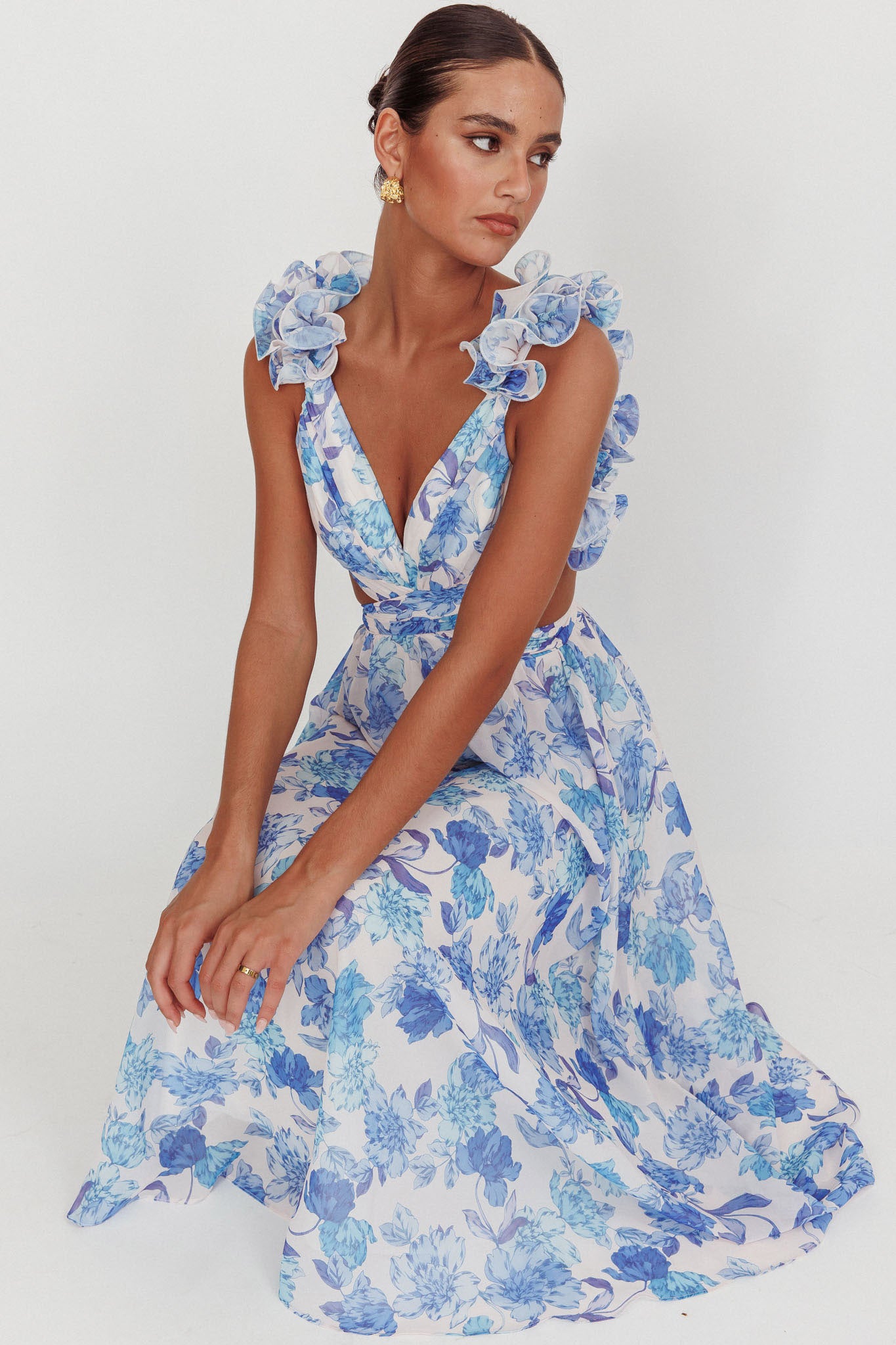 Madara Lace-Up Back Maxi Dress Floral Blue Selfie Leslie Madara Lace-Up Back Maxi Dress Floral Blue Selfie Leslie