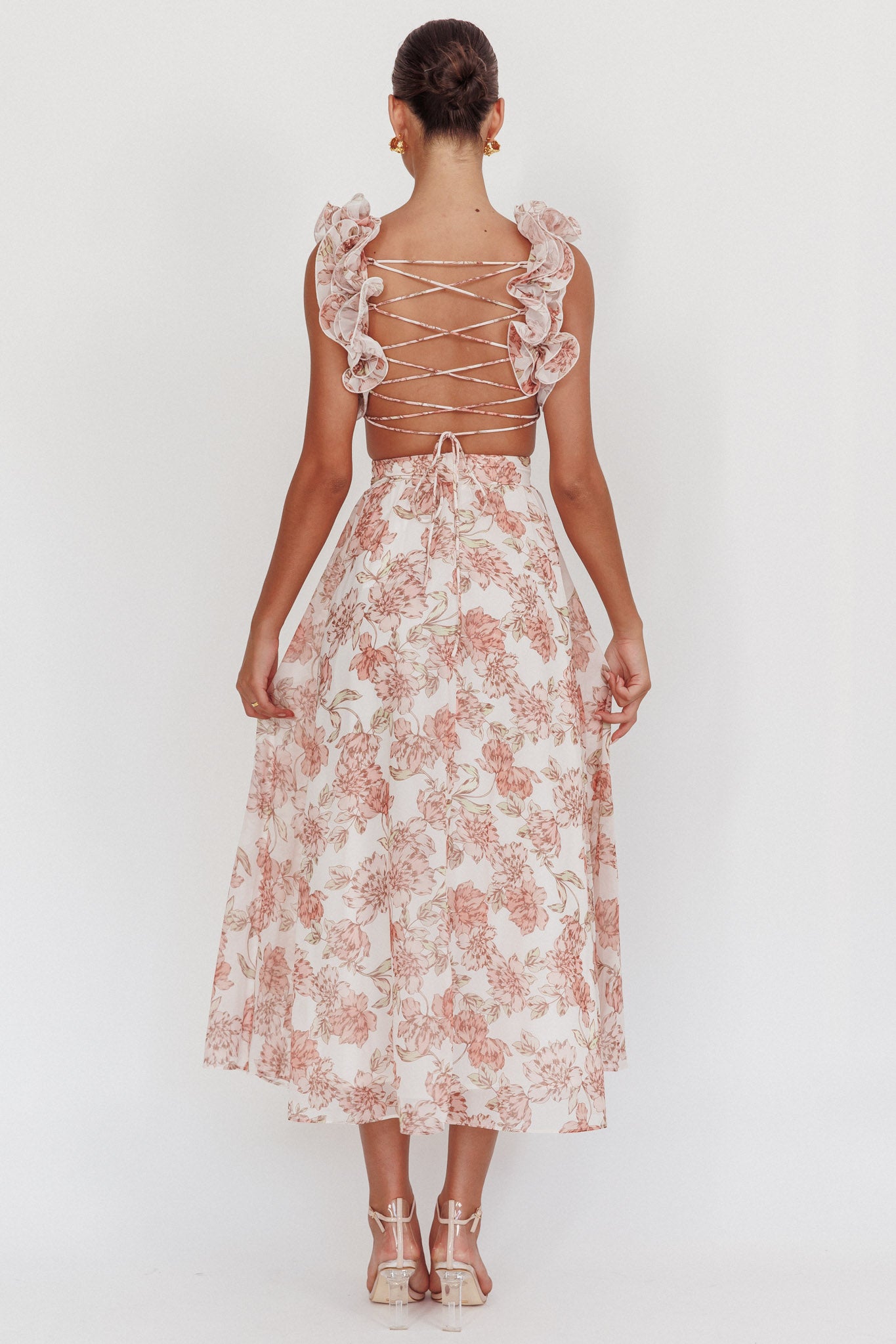 Doe Eyes Lace-Up Back Maxi Dress Floral Peach by Selfie Leslie