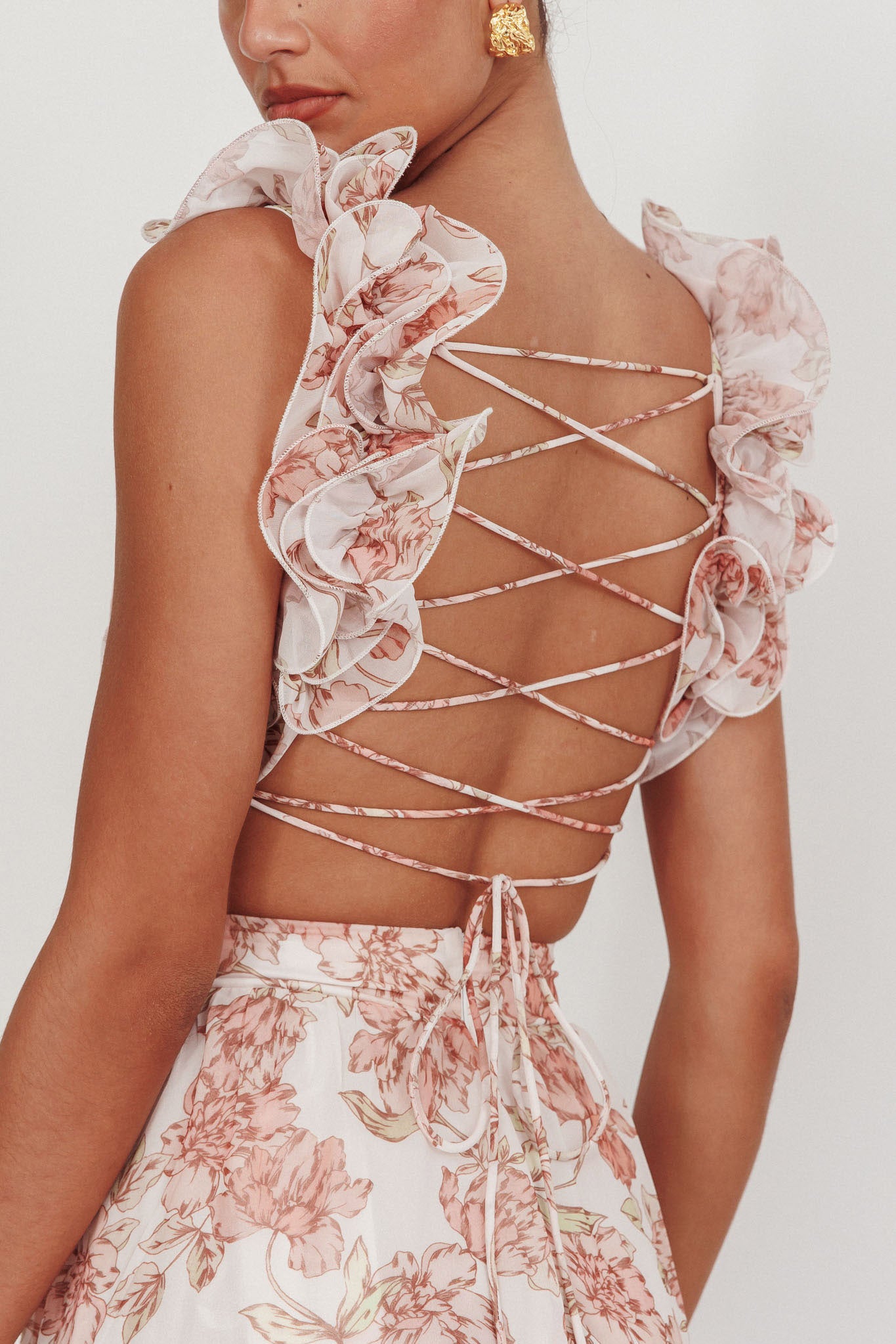 Doe Eyes Lace-Up Back Maxi Dress Floral Peach by Selfie Leslie