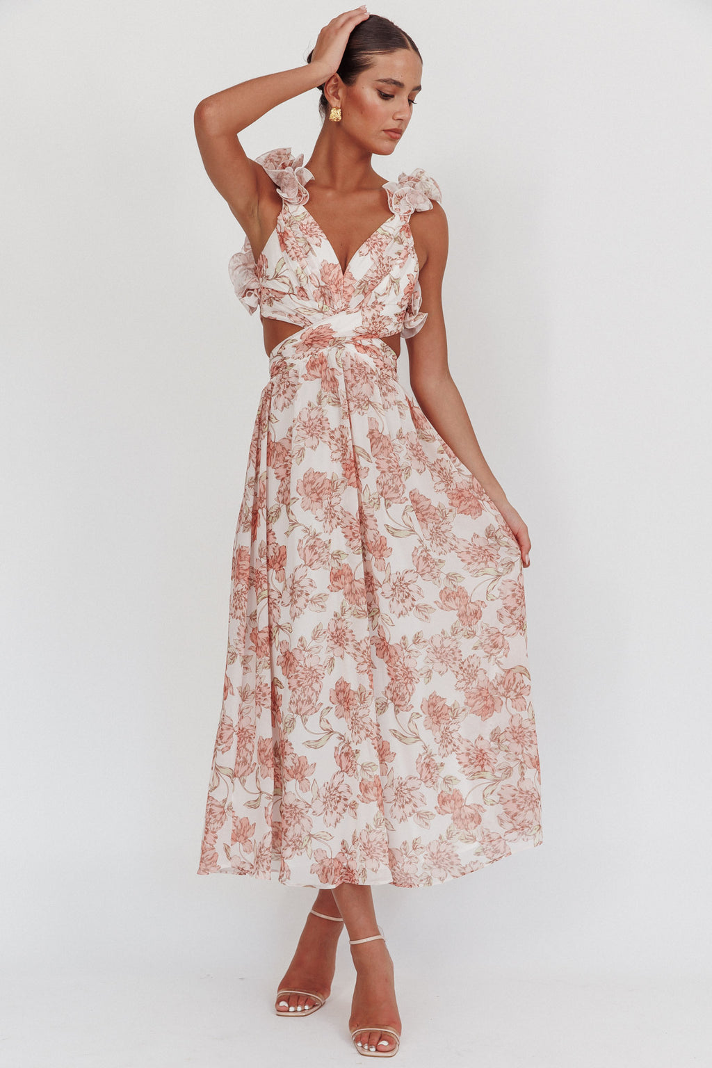Doe Eyes Lace-Up Back Maxi Dress Floral Peach by Selfie Leslie