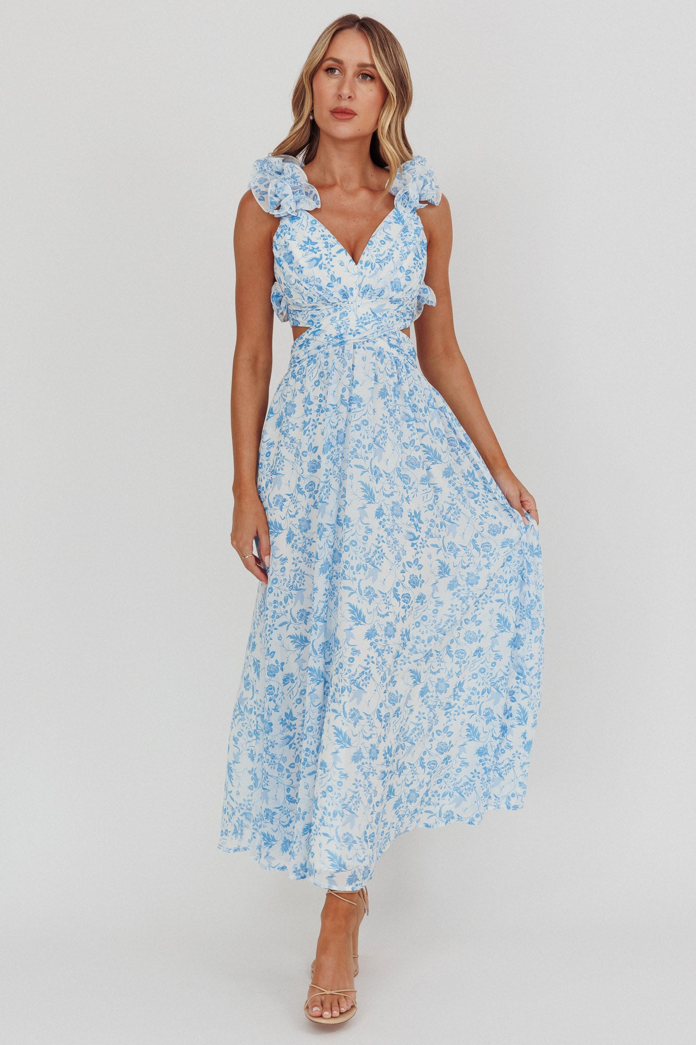 Madara Lace-Up Back Maxi Dress Flowers Blue | Selfie Leslie