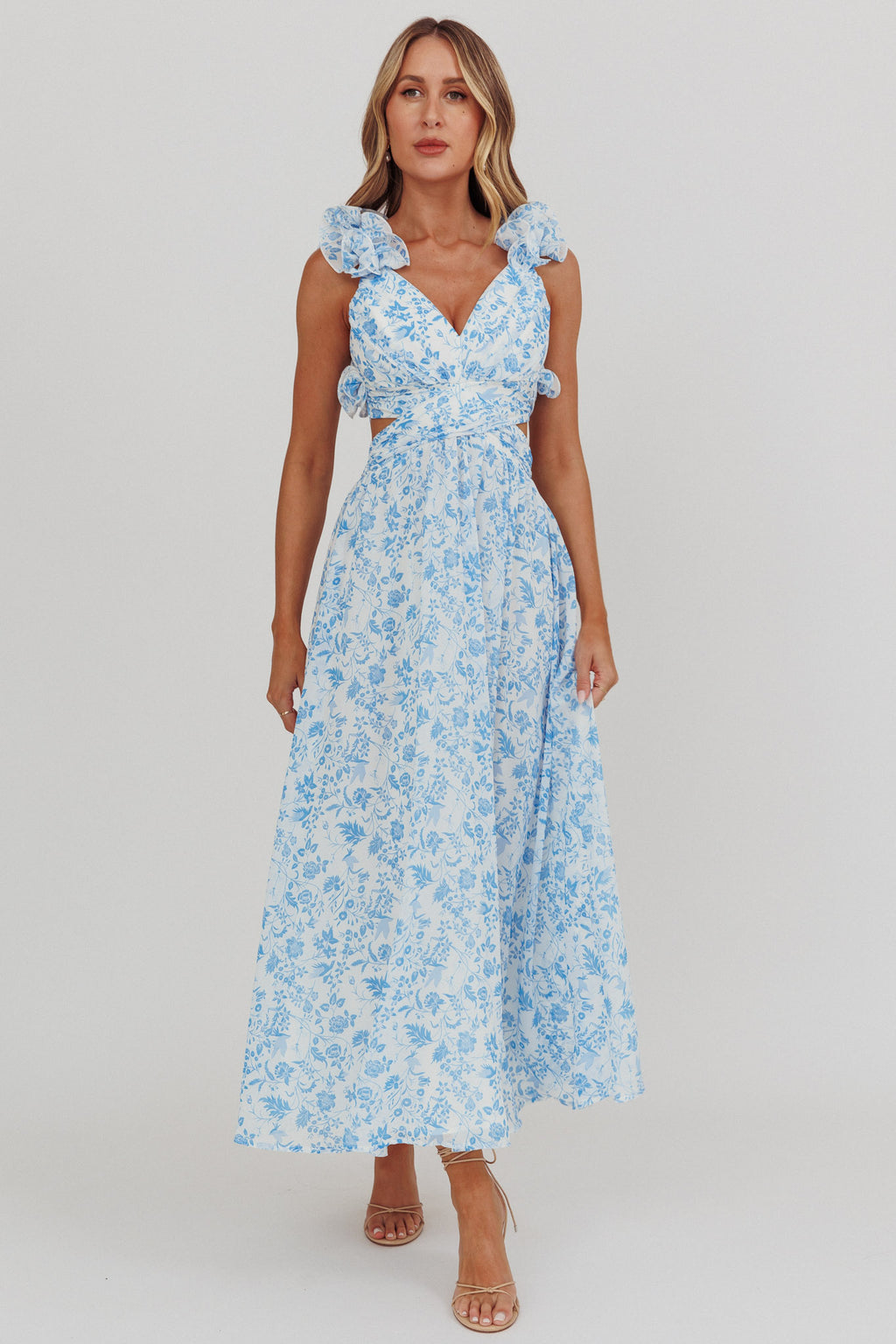Madara Lace-Up Back Maxi Dress Flowers Blue by Selfie Leslie