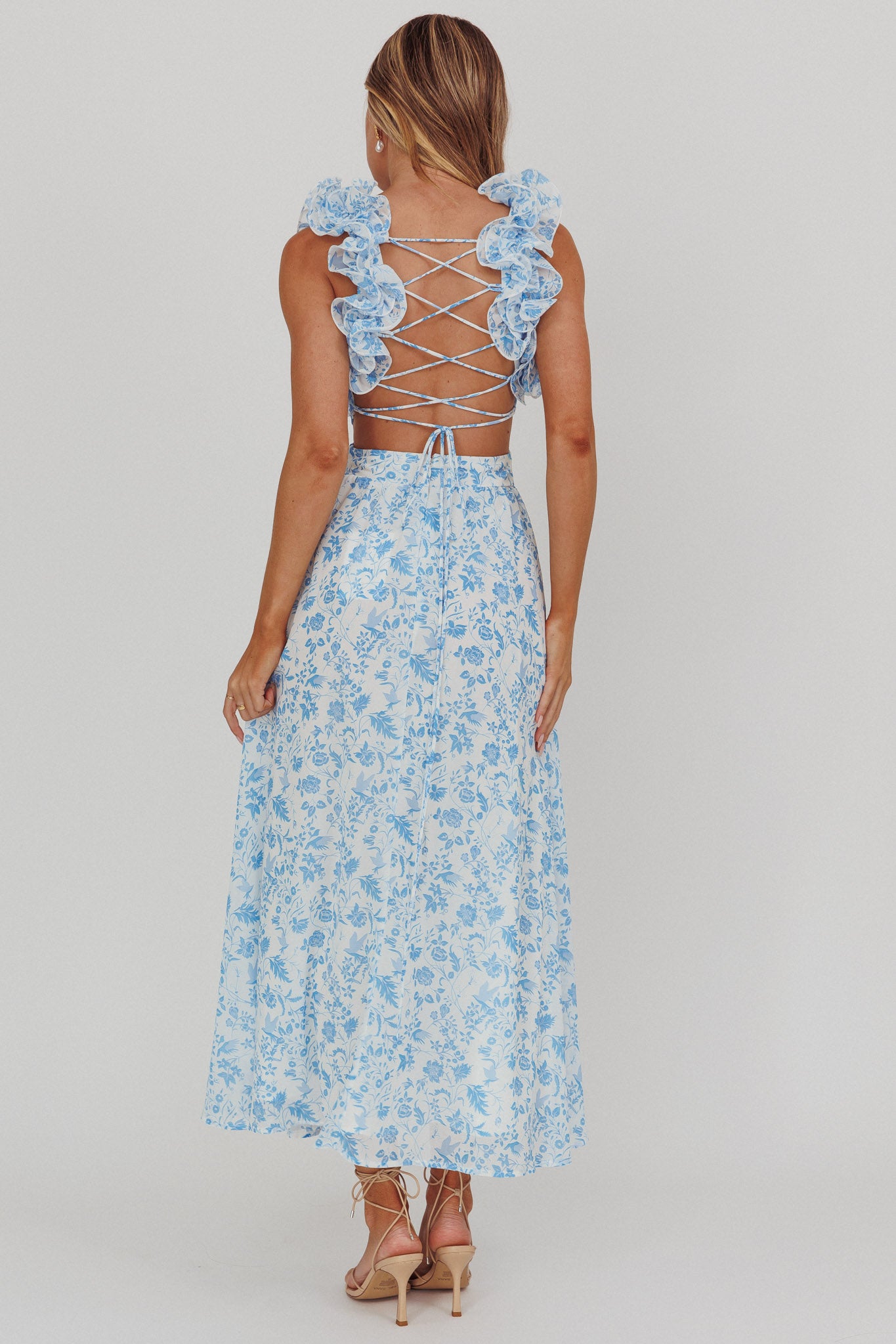 Madara Lace-Up Back Maxi Dress Flowers Blue by Selfie Leslie