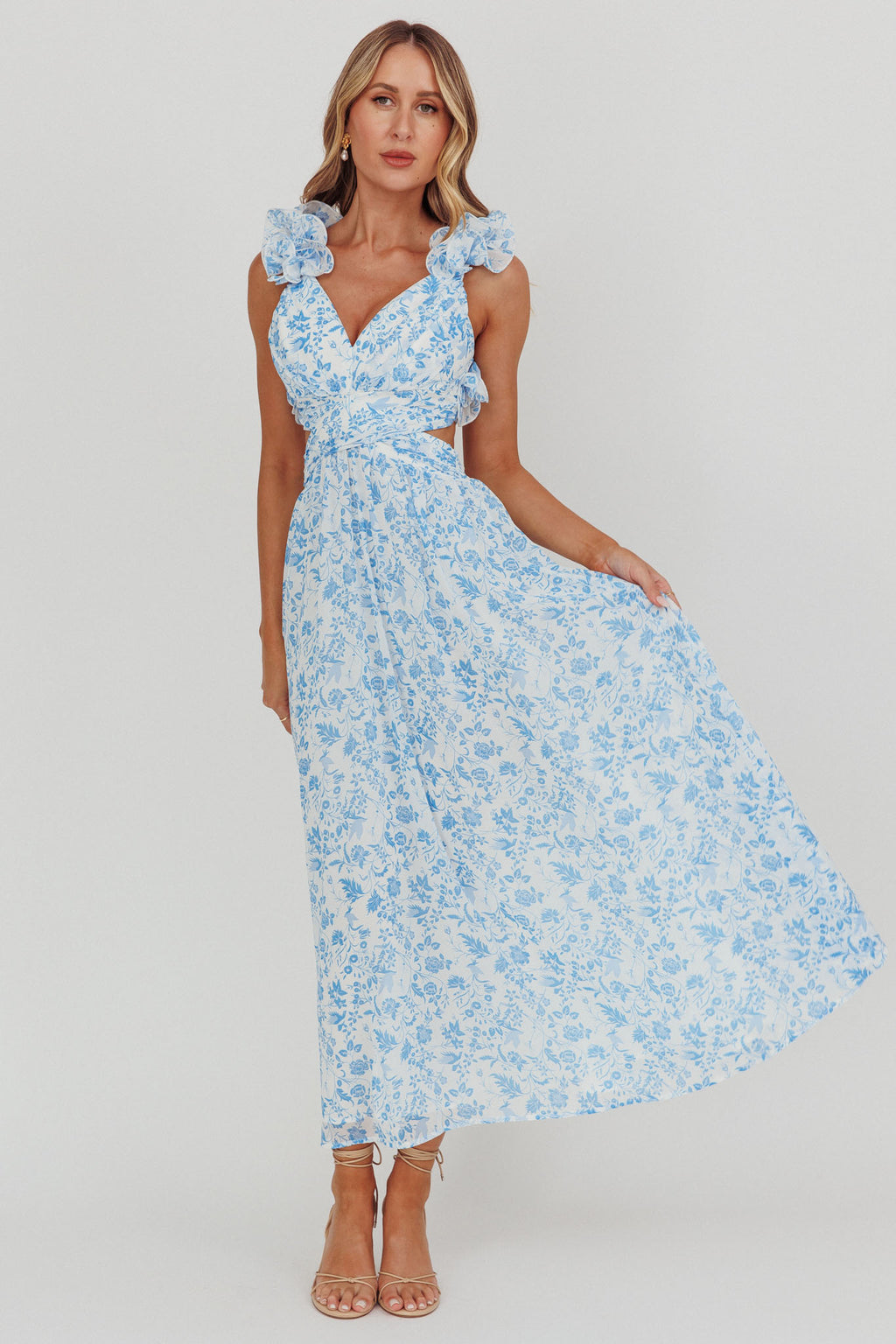 Madara Lace-Up Back Maxi Dress Flowers Blue by Selfie Leslie