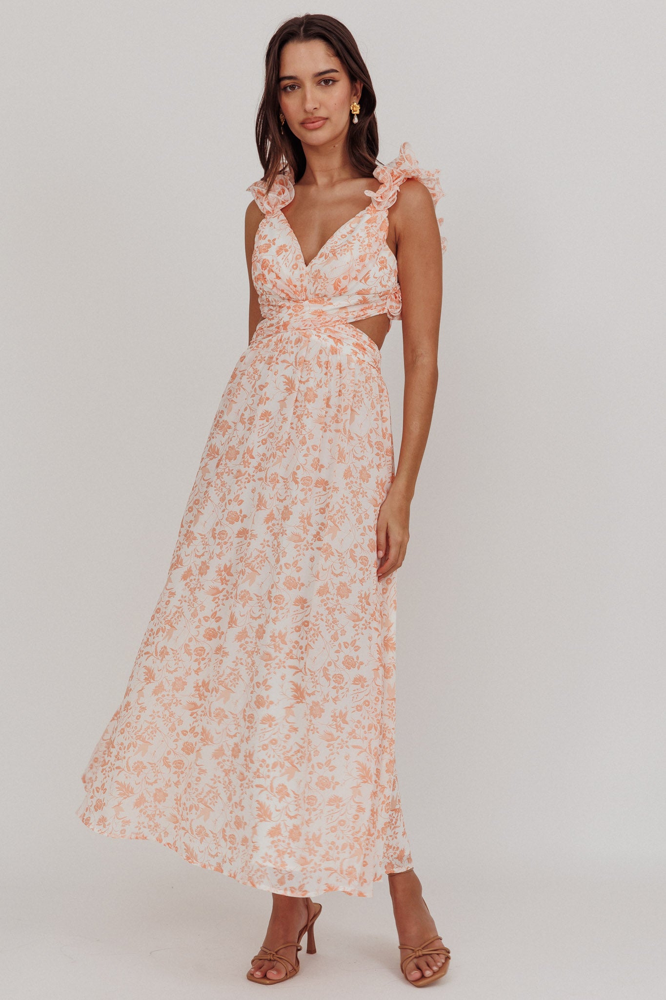 Madara Lace-Up Back Maxi Dress Flowers Orange by Selfie Leslie