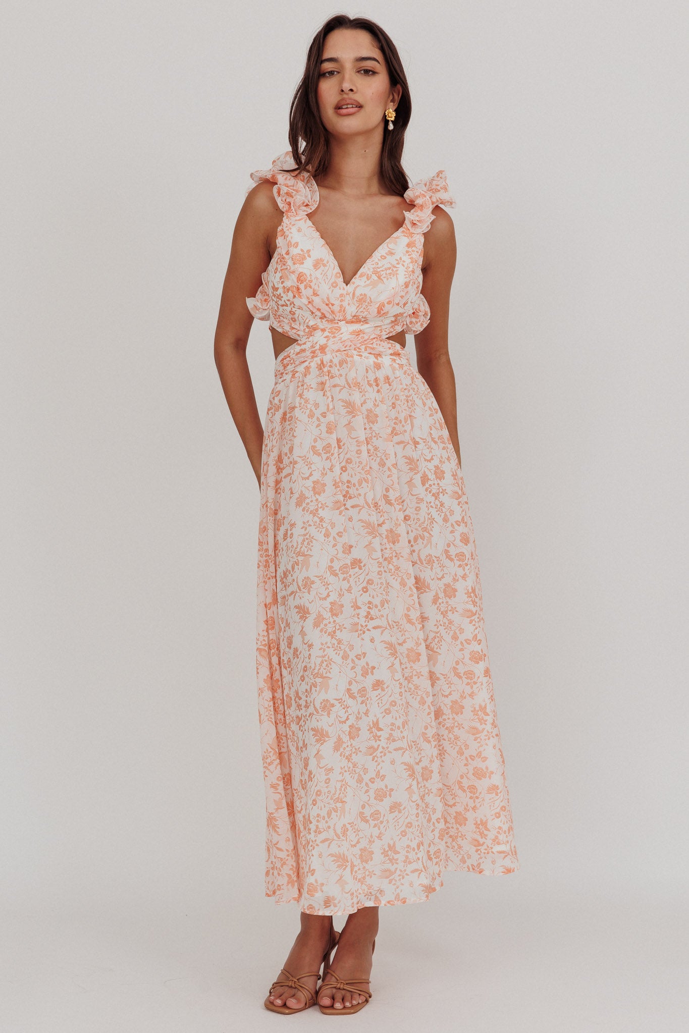 Madara Lace-Up Back Maxi Dress Flowers Orange by Selfie Leslie