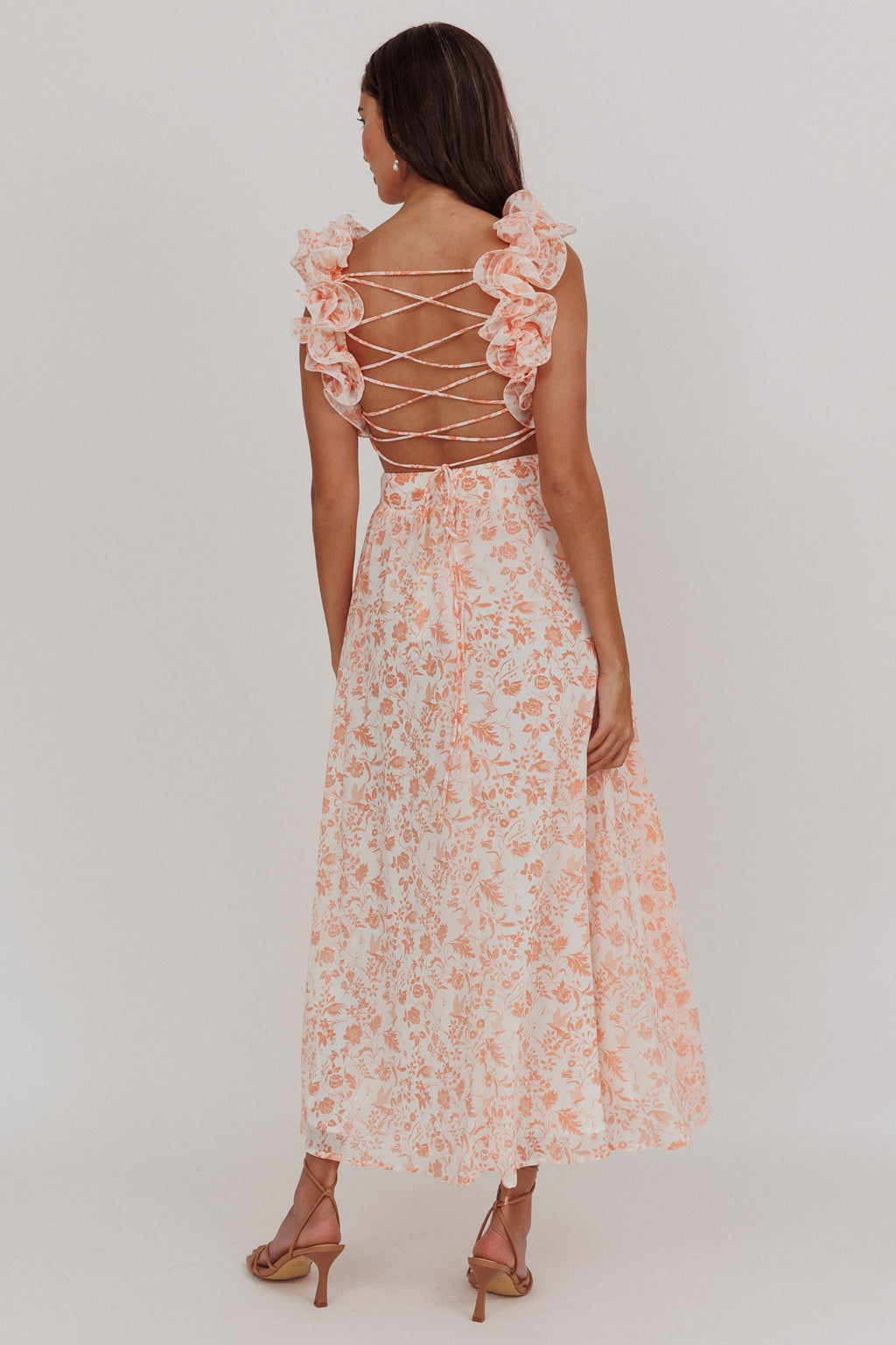 Madara Lace-Up Back Maxi Dress Flowers Orange by Selfie Leslie