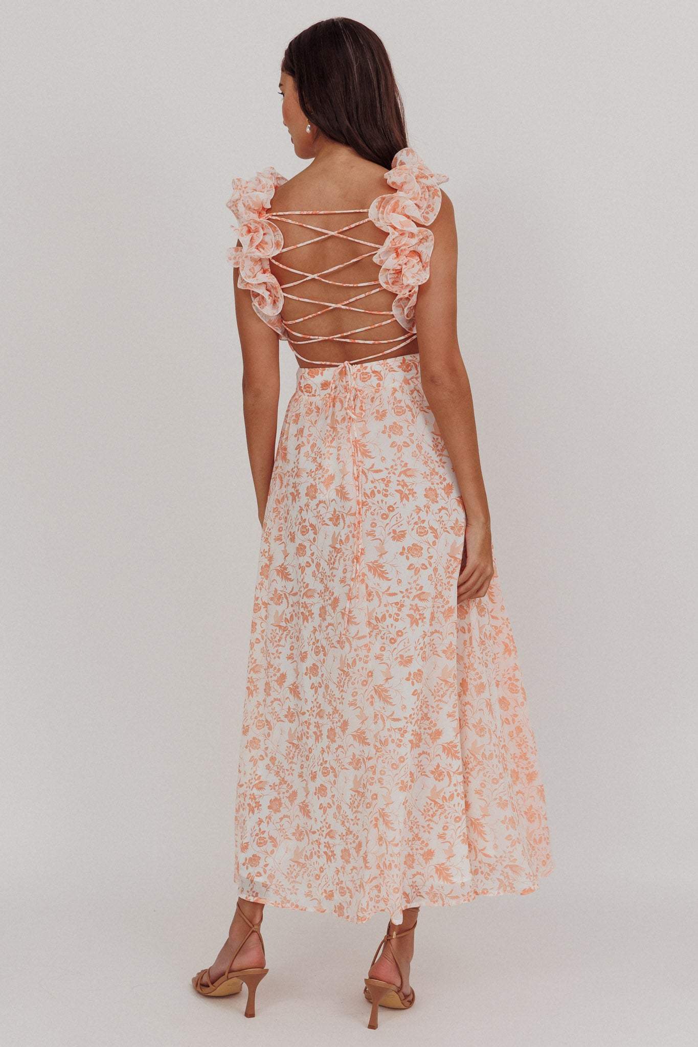 Madara Lace-Up Back Maxi Dress Flowers Orange by Selfie Leslie