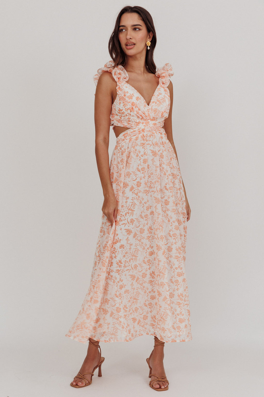 Madara Lace-Up Back Maxi Dress Flowers Orange by Selfie Leslie