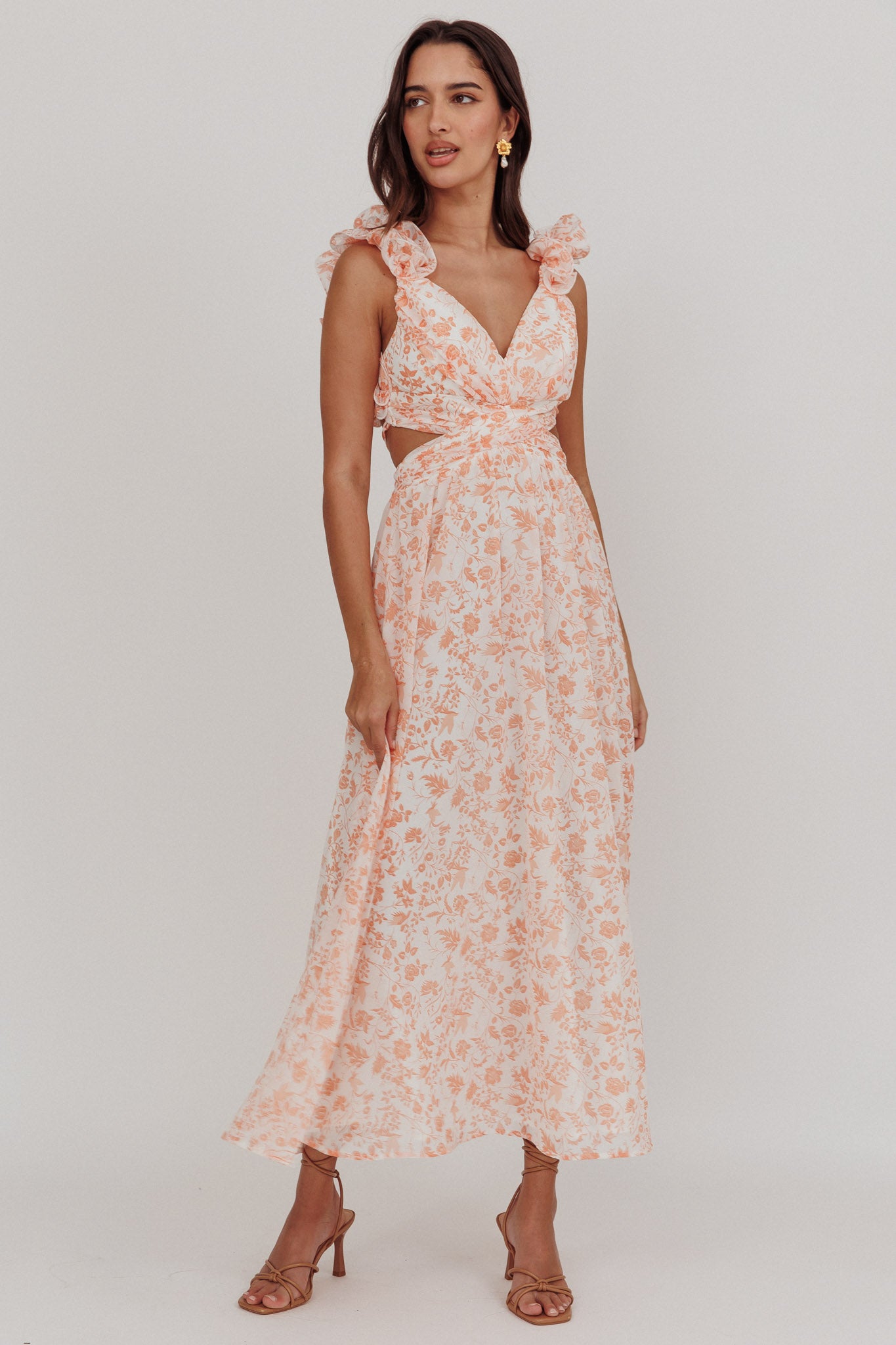 Madara Lace-Up Back Maxi Dress Flowers Orange by Selfie Leslie