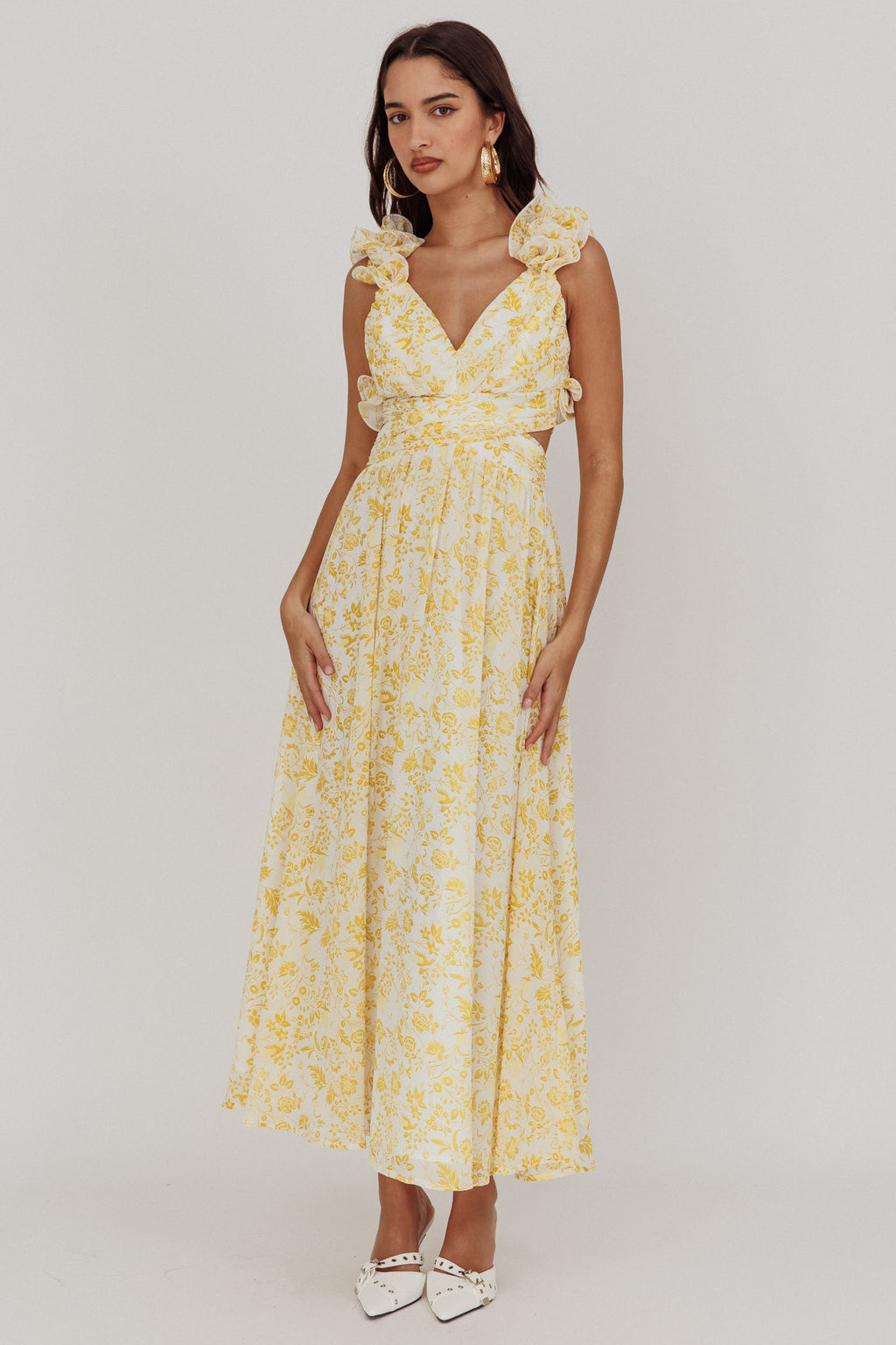 Madara Lace-Up Back Maxi Dress Floral Yellow by Selfie Leslie