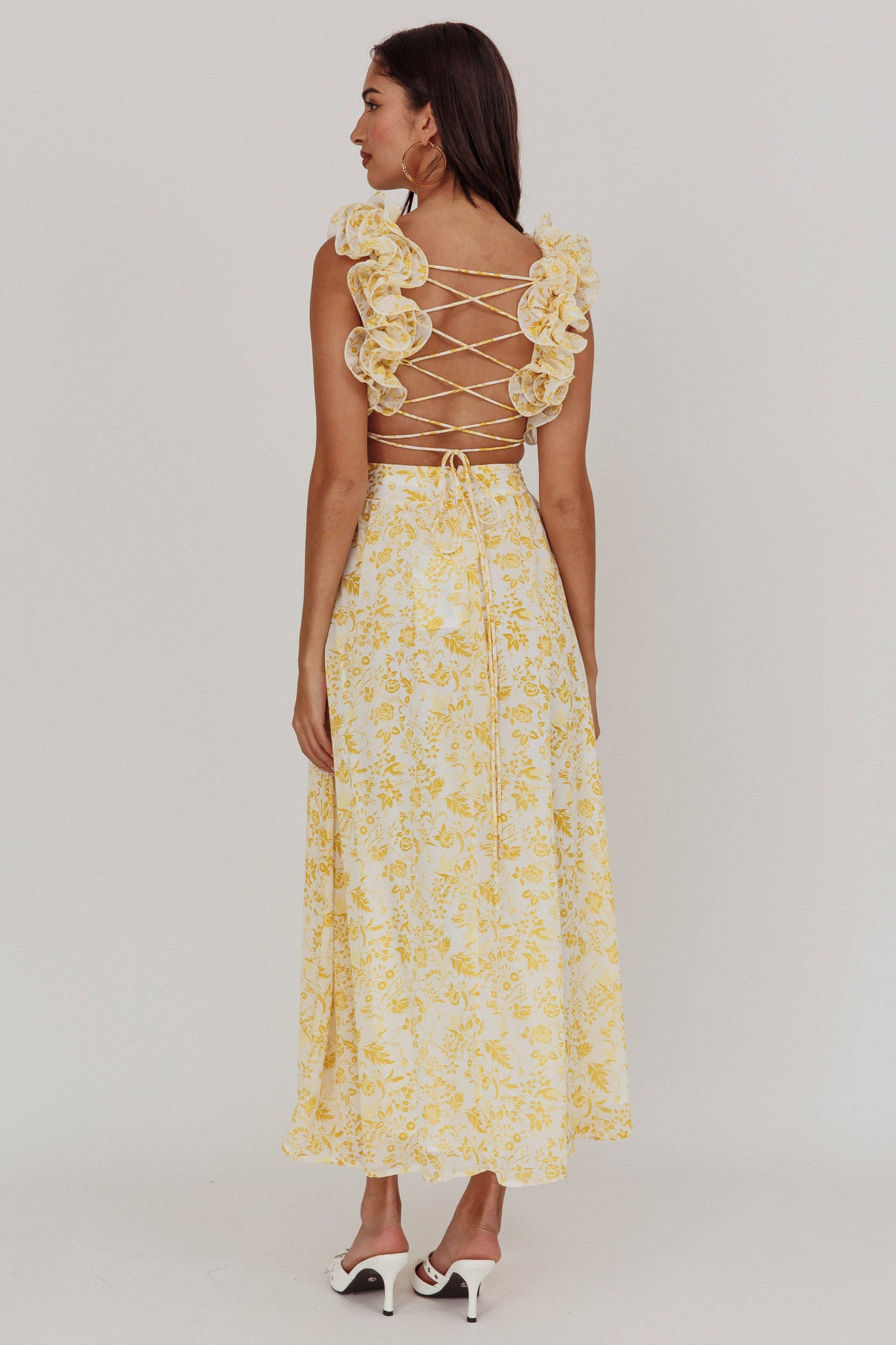 knee length dresses for ladies 1970s Yellow Floral Cotton Maxi Dress with Lace Trim V530 – Erin Templeton