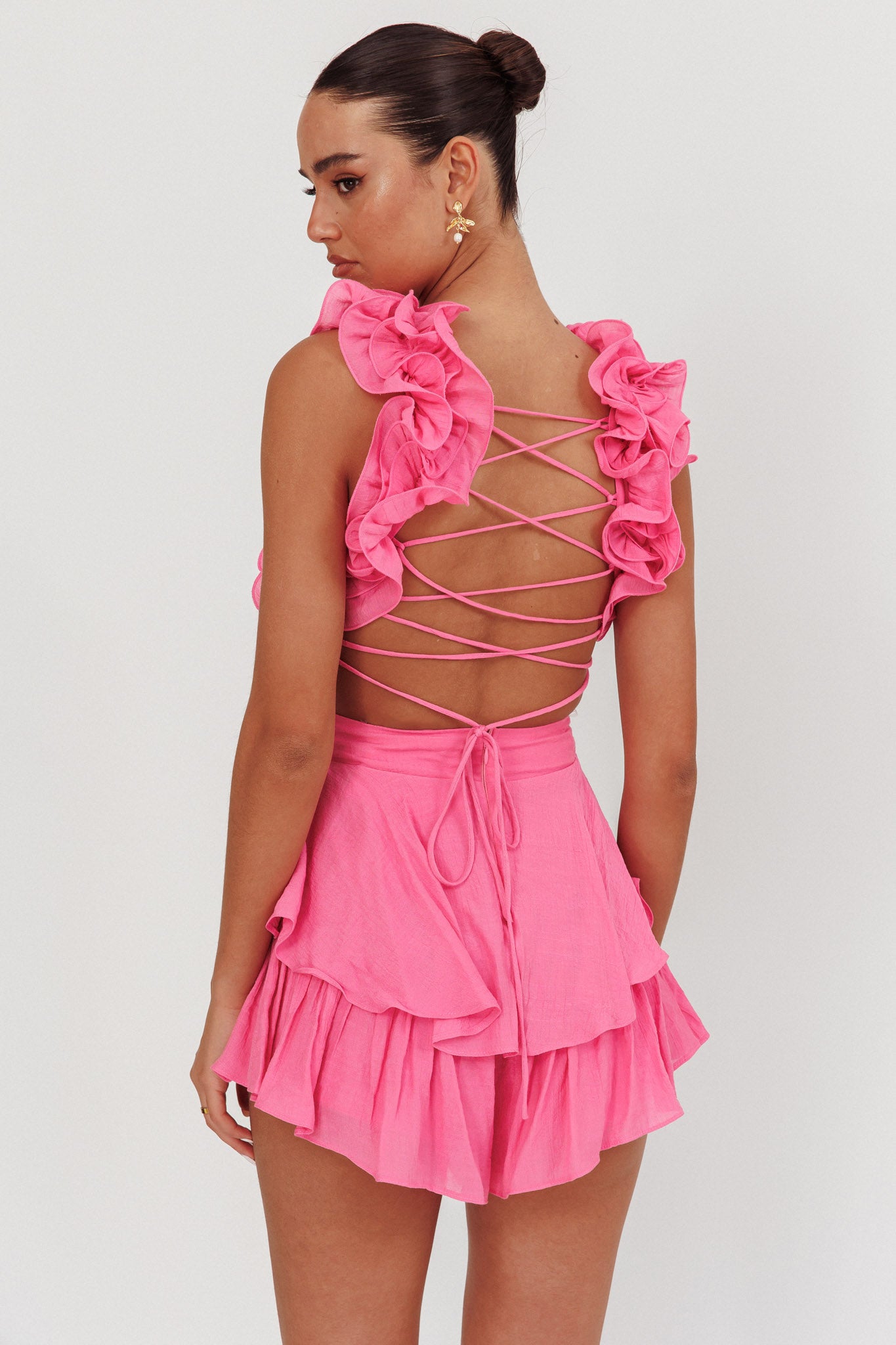 Madara Lace-Up Back Romper Pink by Selfie Leslie