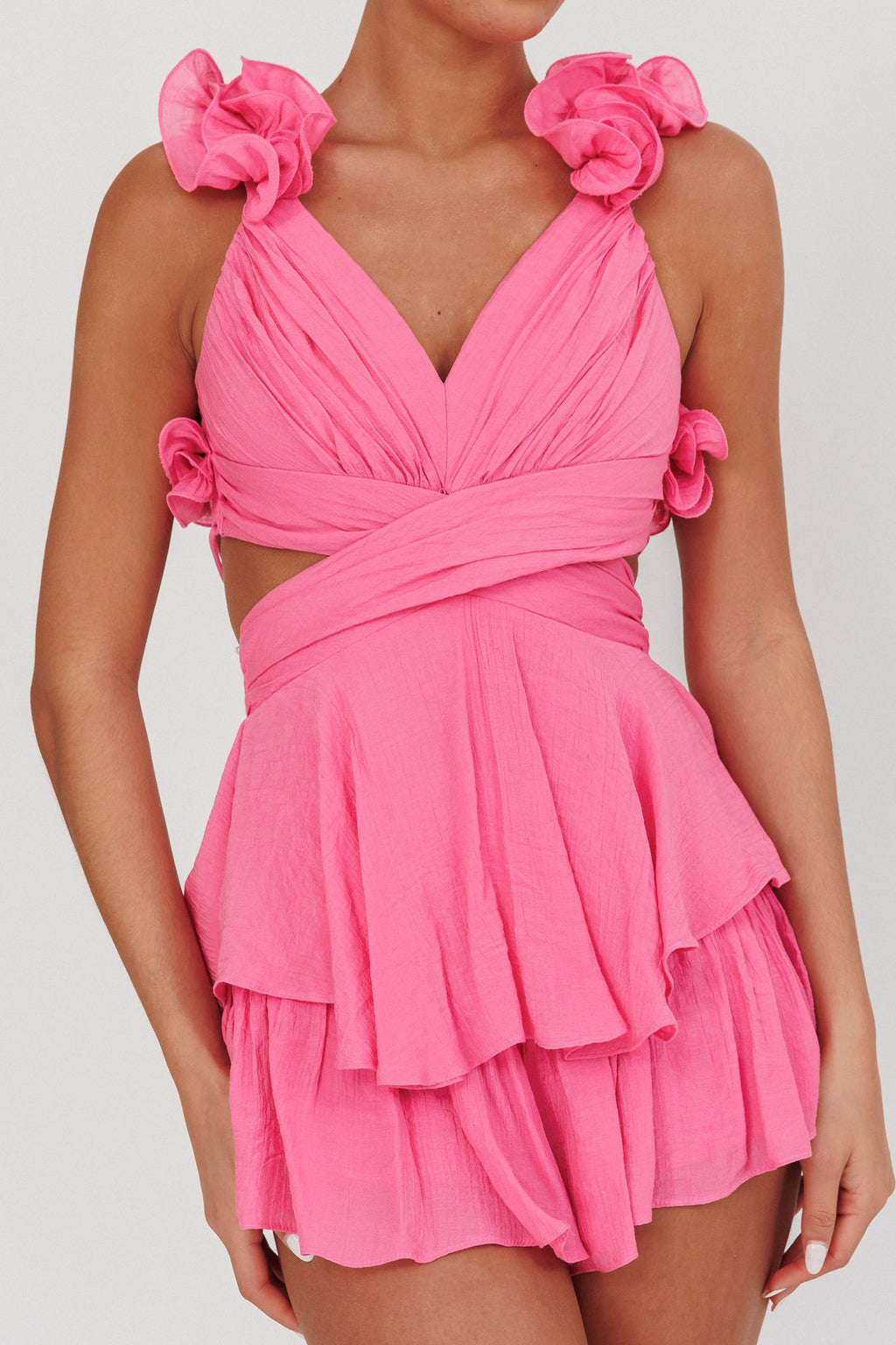 Madara Lace-Up Back Romper Pink by Selfie Leslie