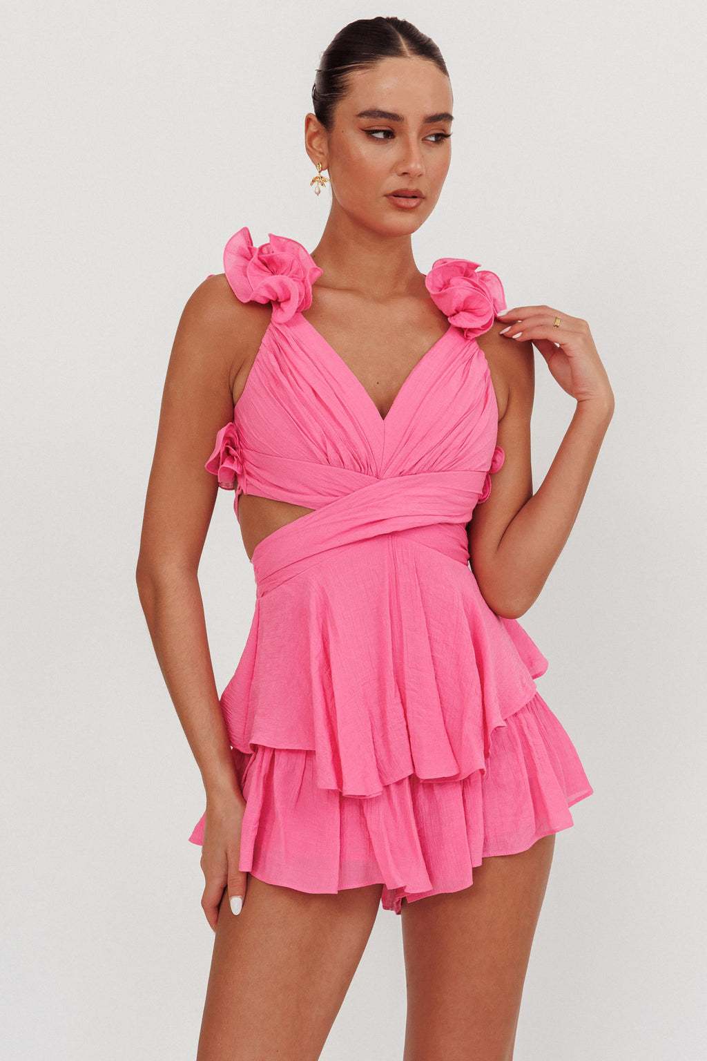 Madara Lace-Up Back Romper Pink by Selfie Leslie