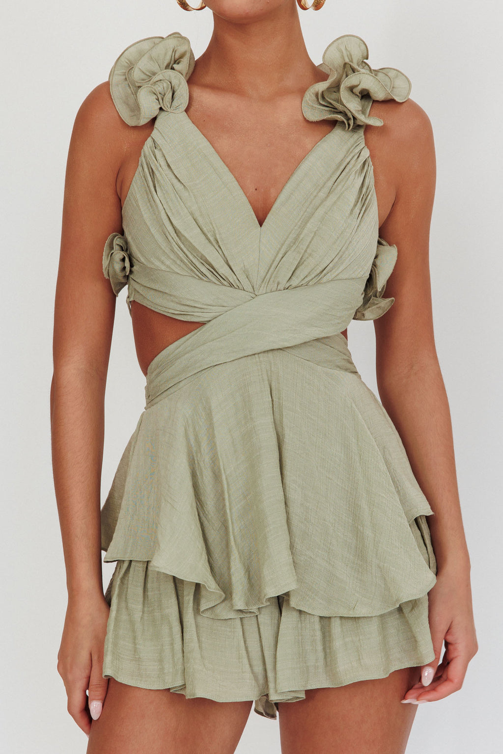 Madara Lace-Up Back Romper Sage by Selfie Leslie