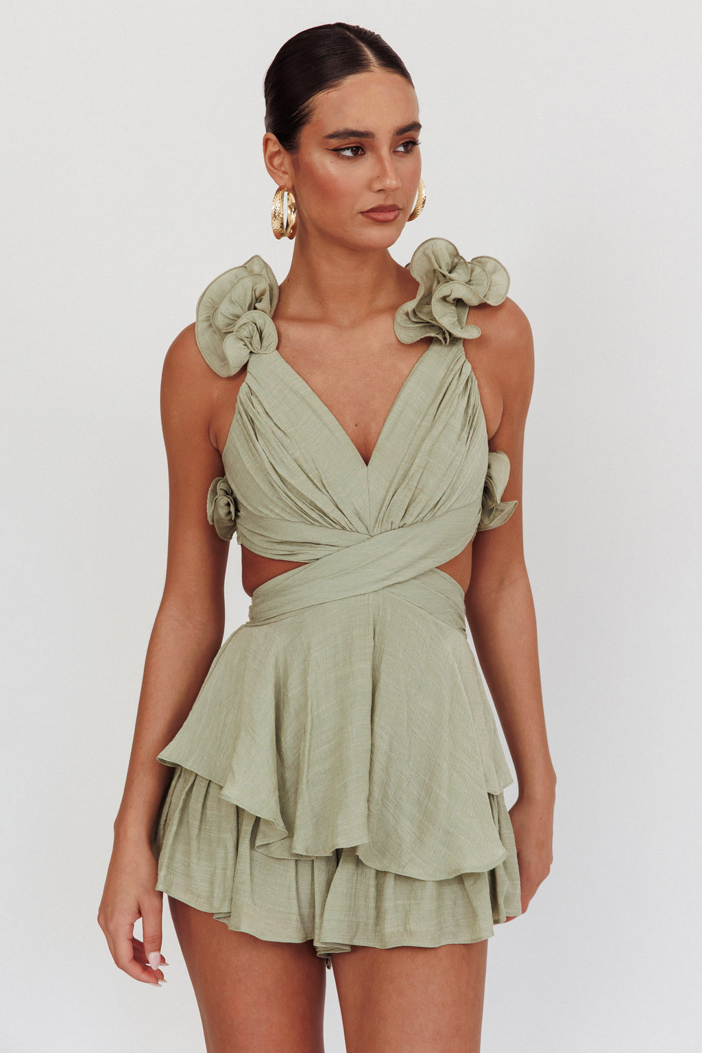 Madara Lace-Up Back Romper Sage by Selfie Leslie