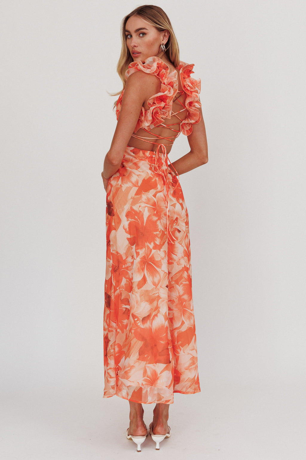 Madara Lace-Up Back Maxi Dress Orange by Selfie Leslie