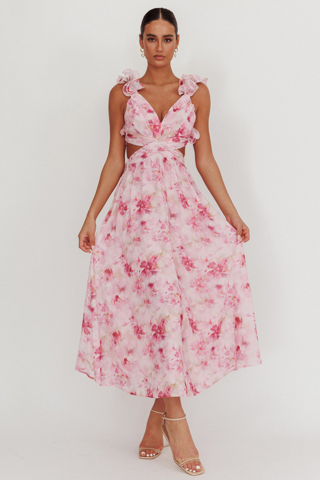 Madara Lace-Up Back Floral Maxi Dress Lilac by Selfie Leslie