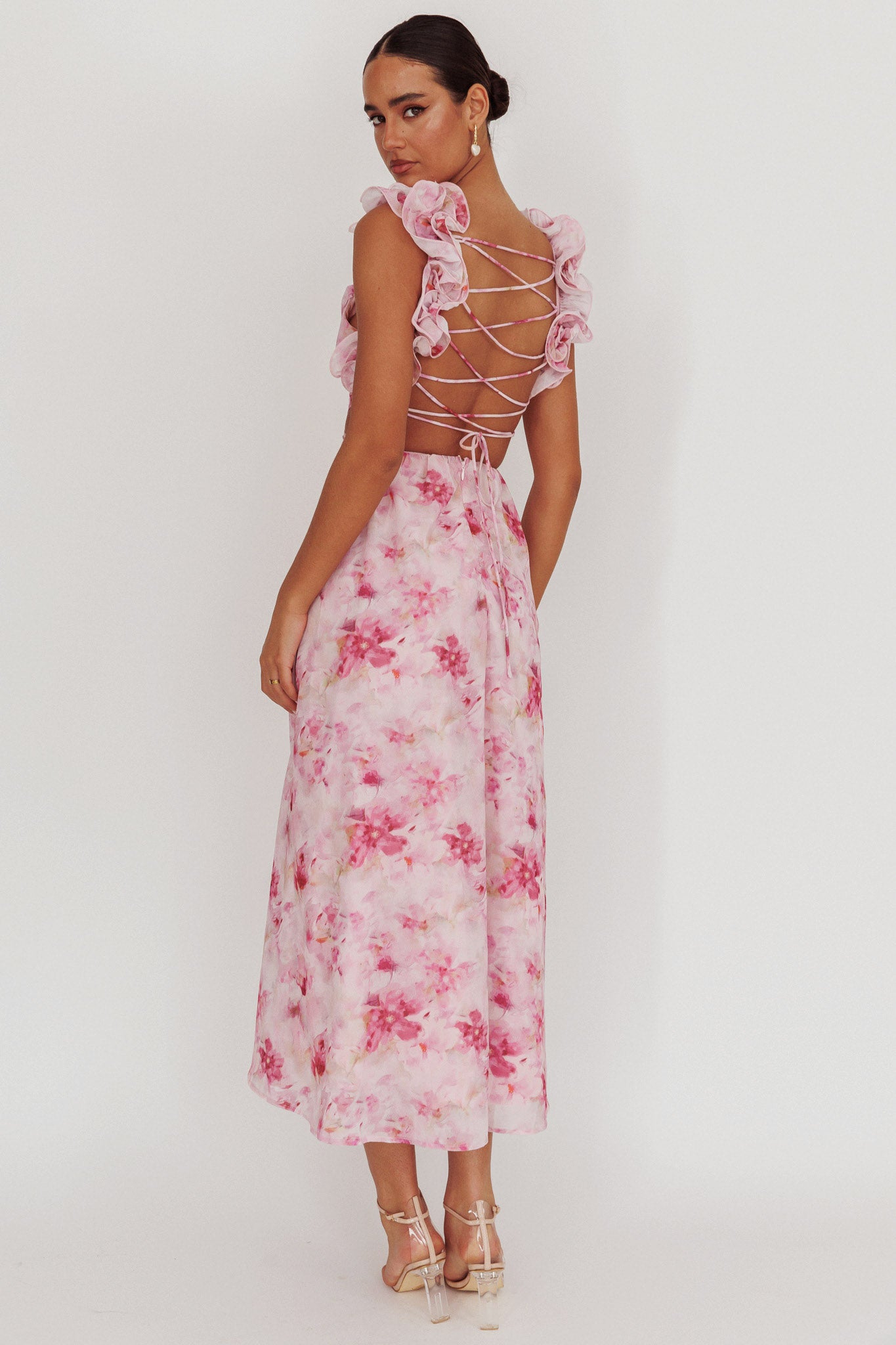 Madara Lace-Up Back Floral Maxi Dress Lilac | Selfie Leslie