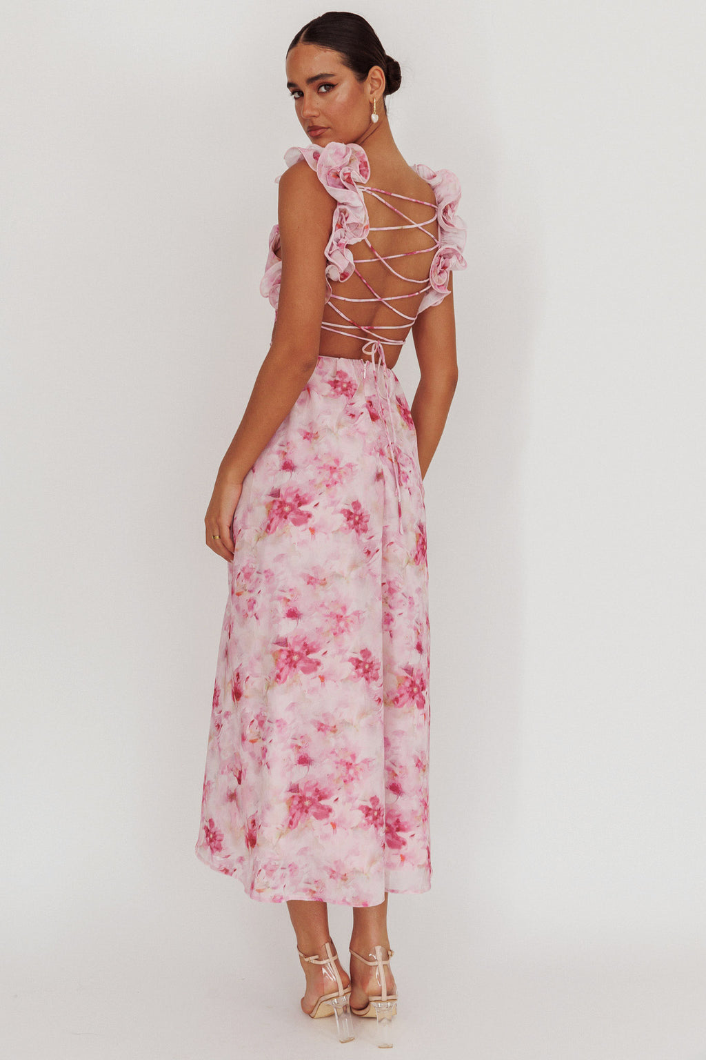 Madara Lace-Up Back Floral Maxi Dress Lilac by Selfie Leslie