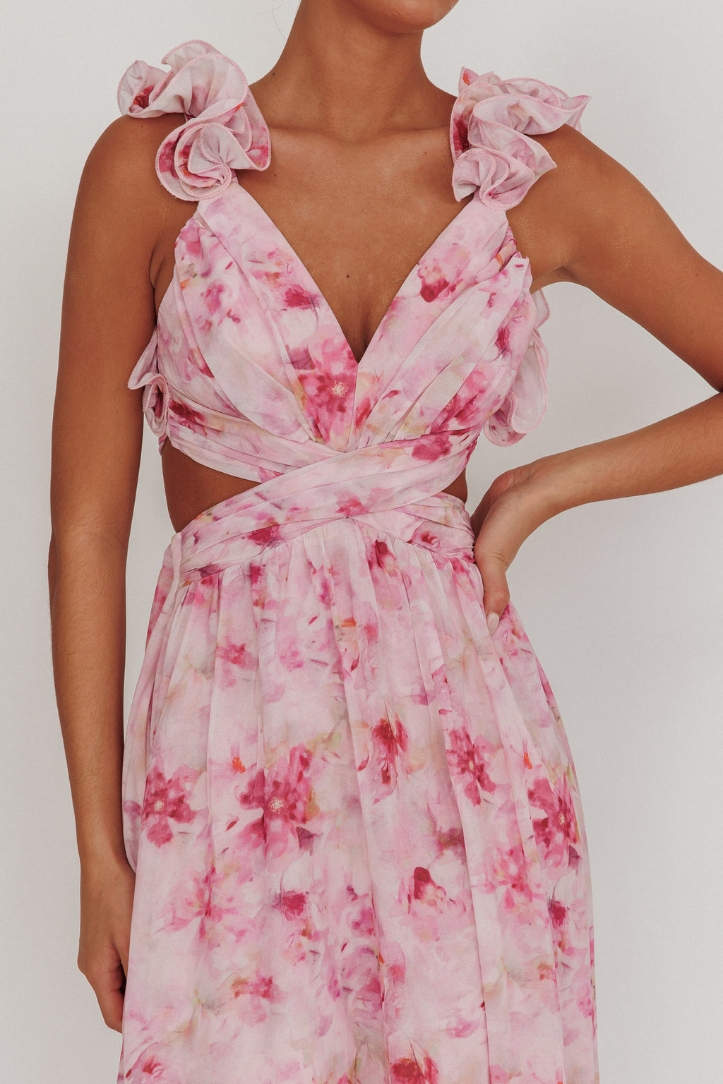 Madara Lace-Up Back Floral Maxi Dress Lilac by Selfie Leslie