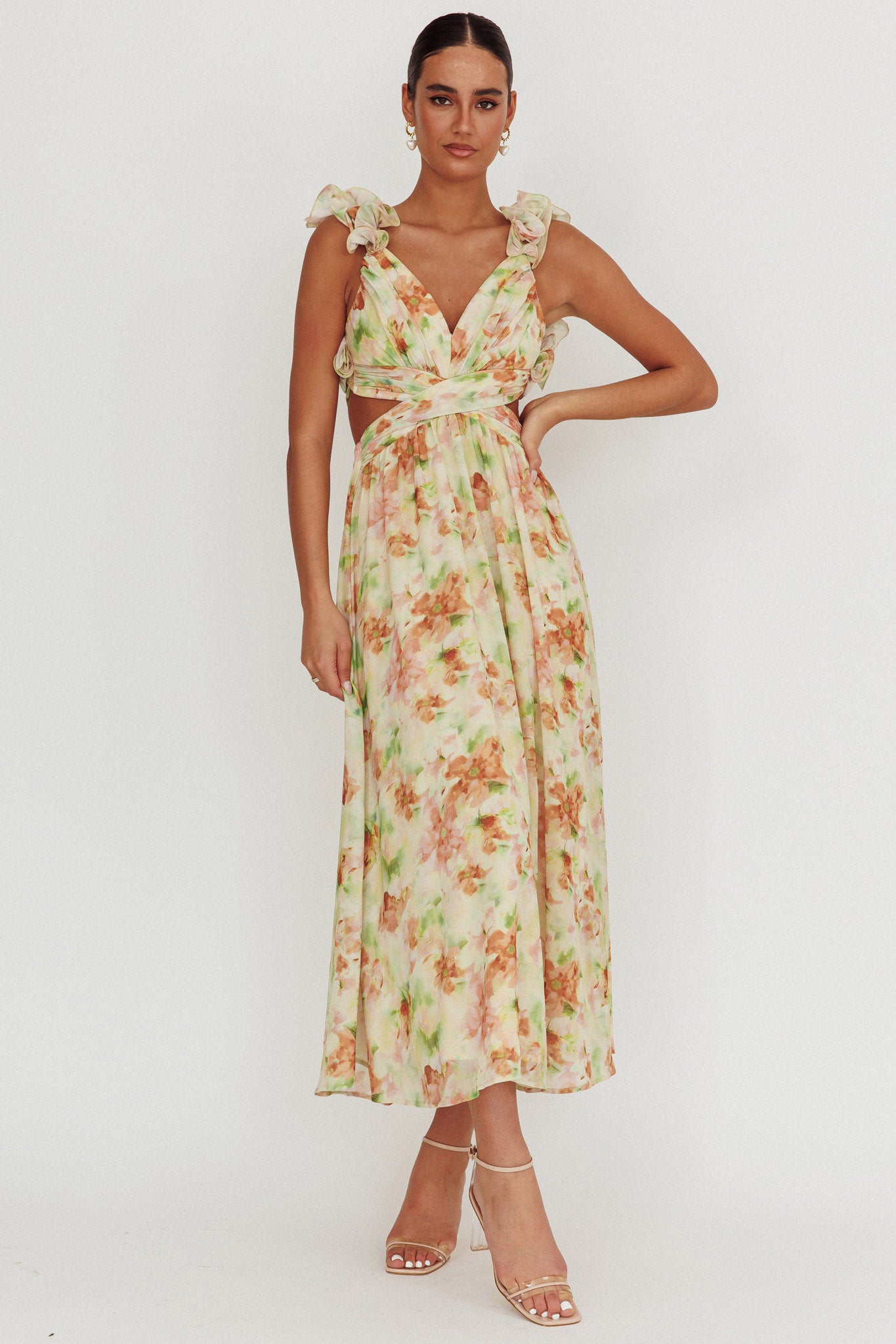 Madara Lace-Up Back Floral Maxi Dress Orange by Selfie Leslie