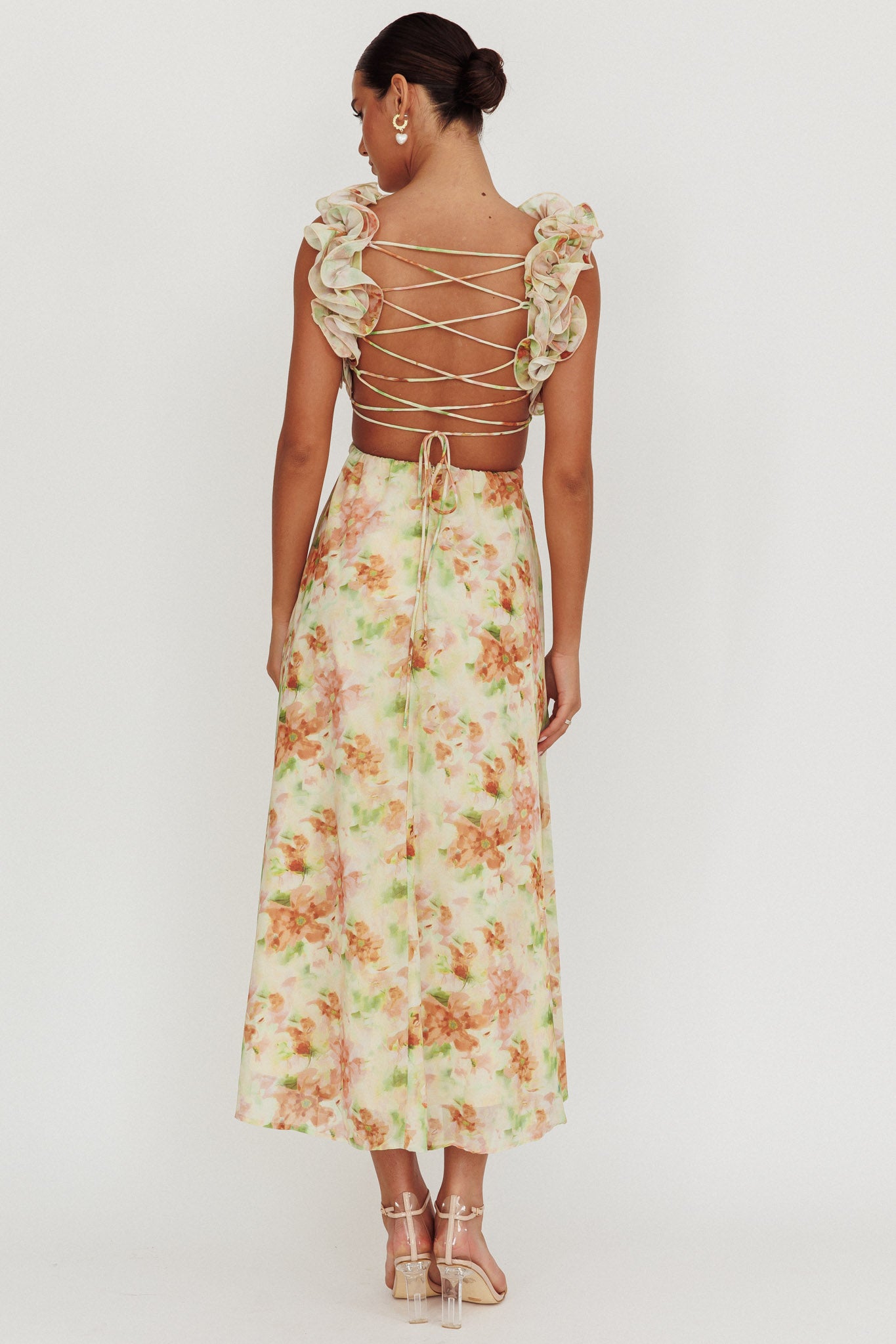 Madara Lace-Up Back Floral Maxi Dress Orange by Selfie Leslie
