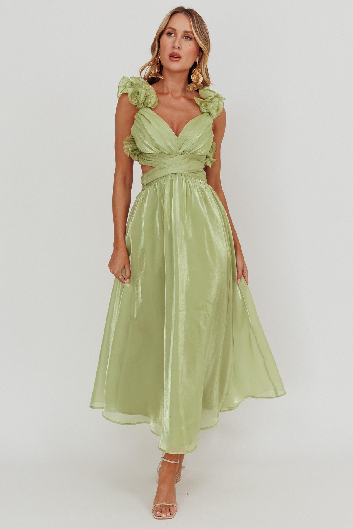 sage green lace maxi dress Madara Lace-Up Back YGroup_petaldress baby showers Adrianna Papell Ruffle Crepe Color:Dusty Violet