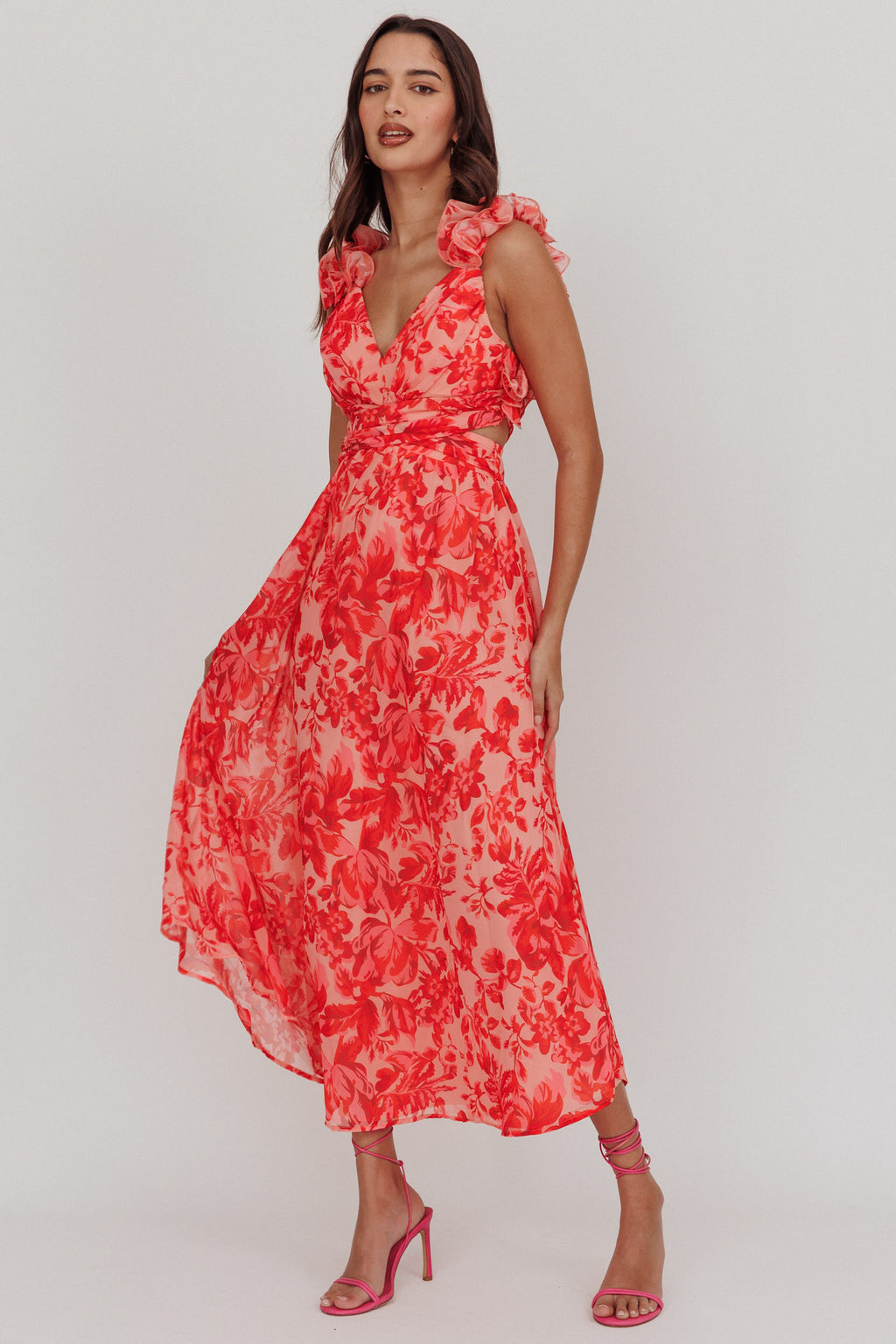 red floral bridesmaid dresses Madara Lace-Up Back Maxi Dress Floral Red