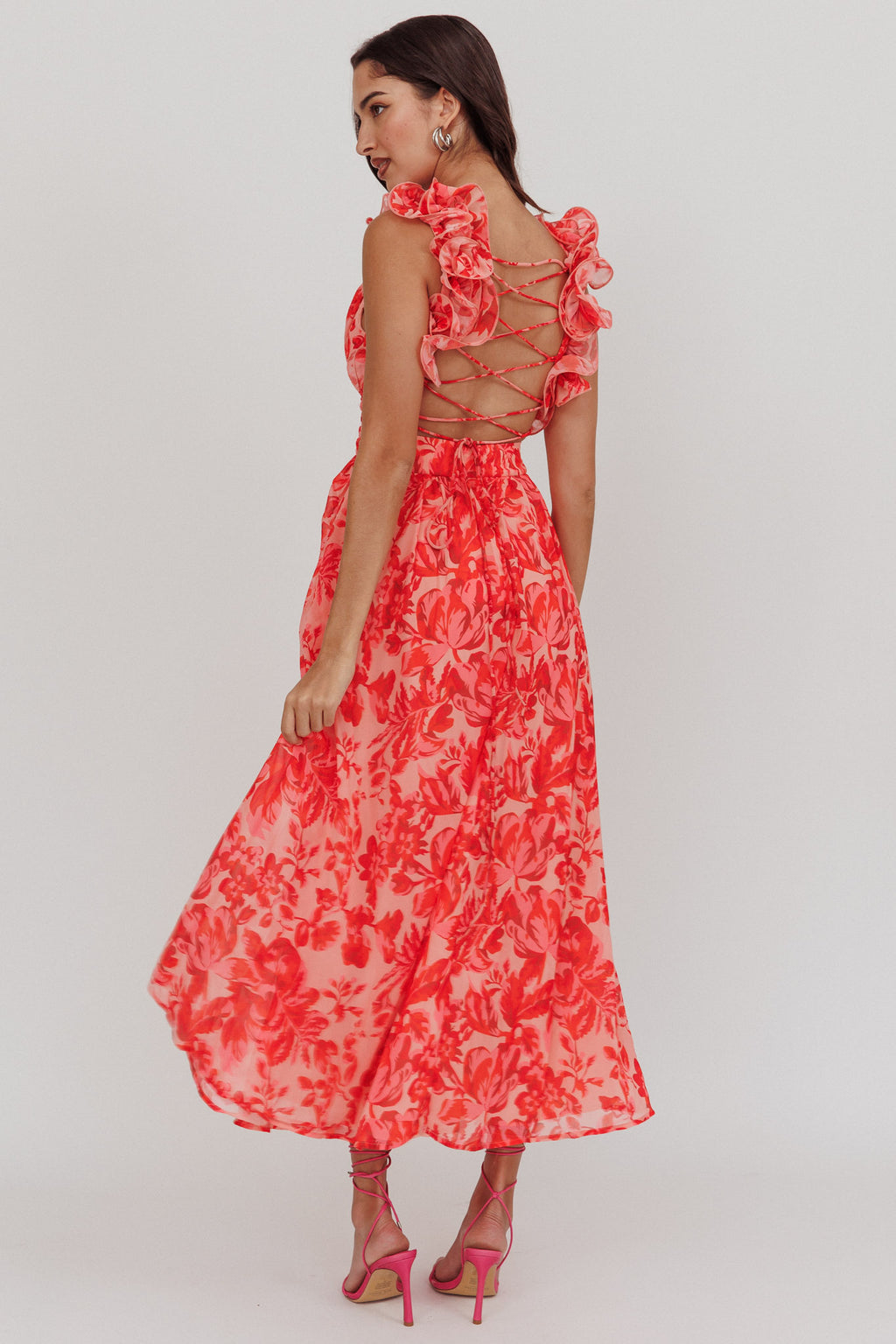 Madara Lace-Up Back Maxi Dress Floral Red by Selfie Leslie
