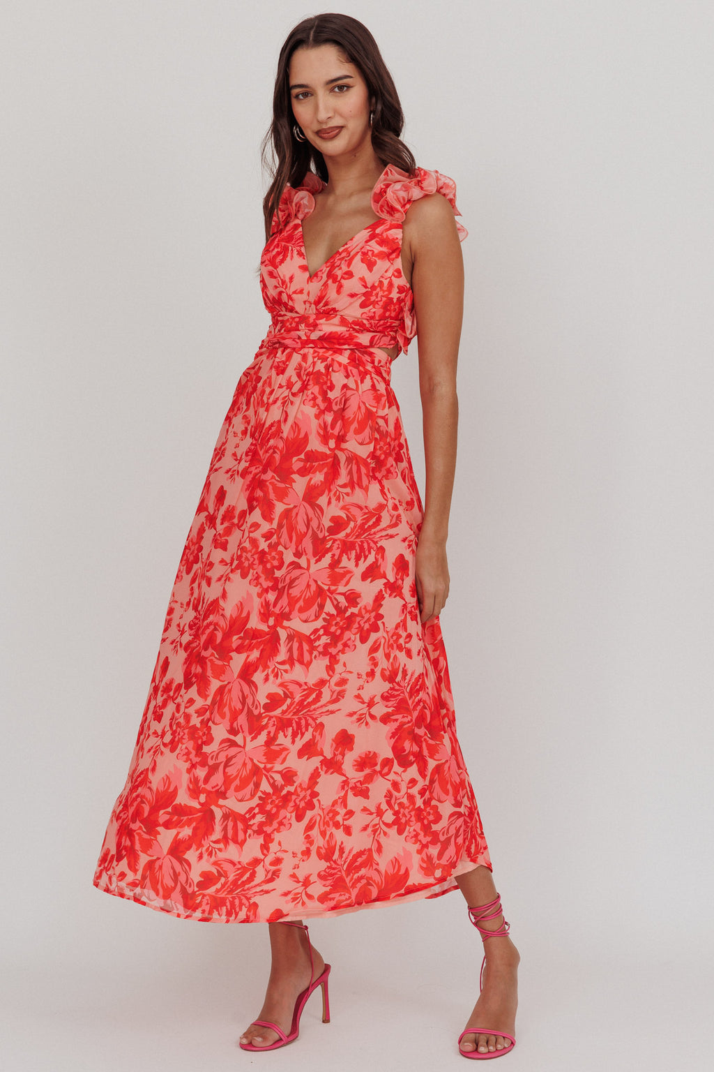 Madara Lace-Up Back Maxi Dress Floral Red by Selfie Leslie