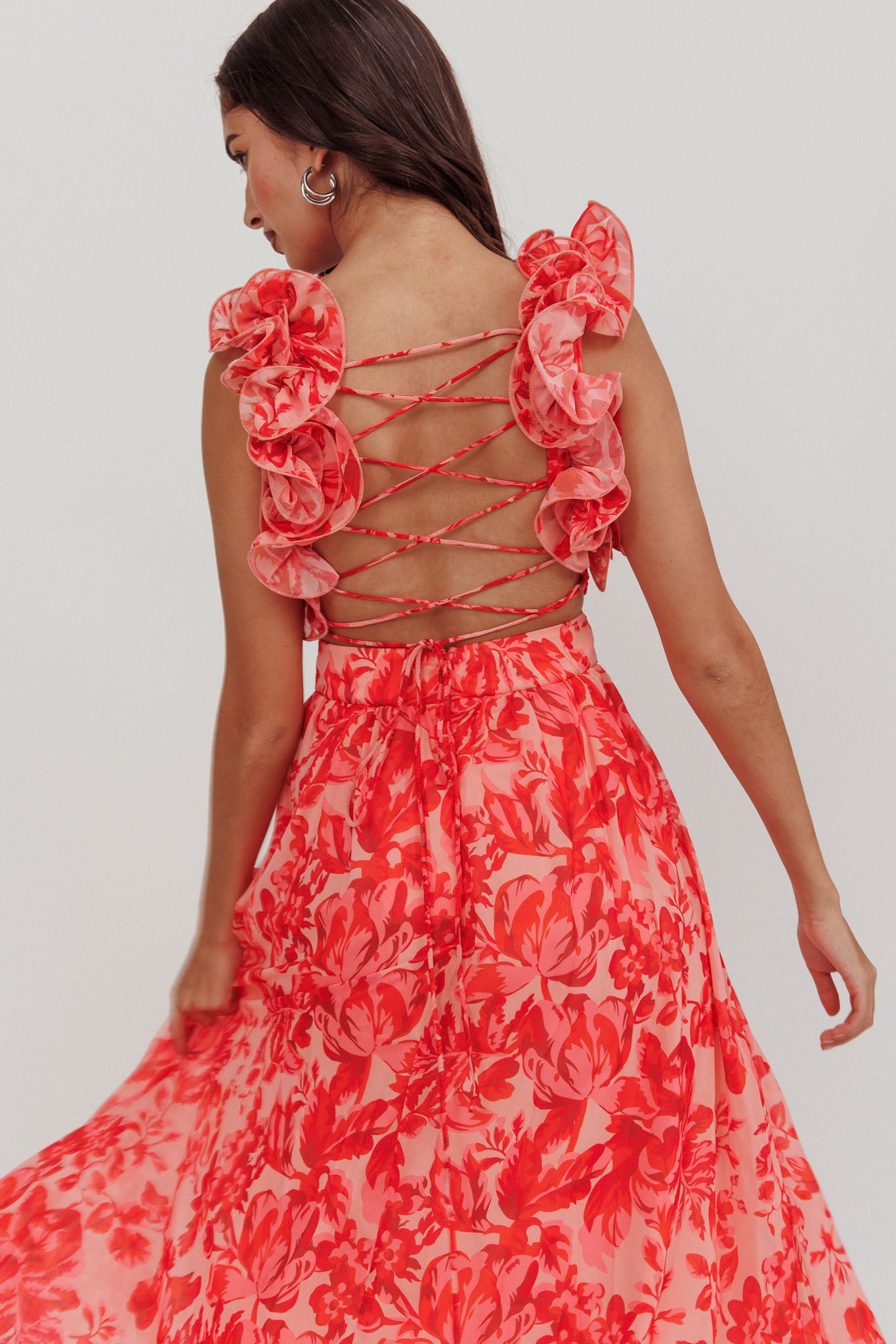 Madara Lace-Up Back Maxi Dress Floral Red | Selfie Leslie