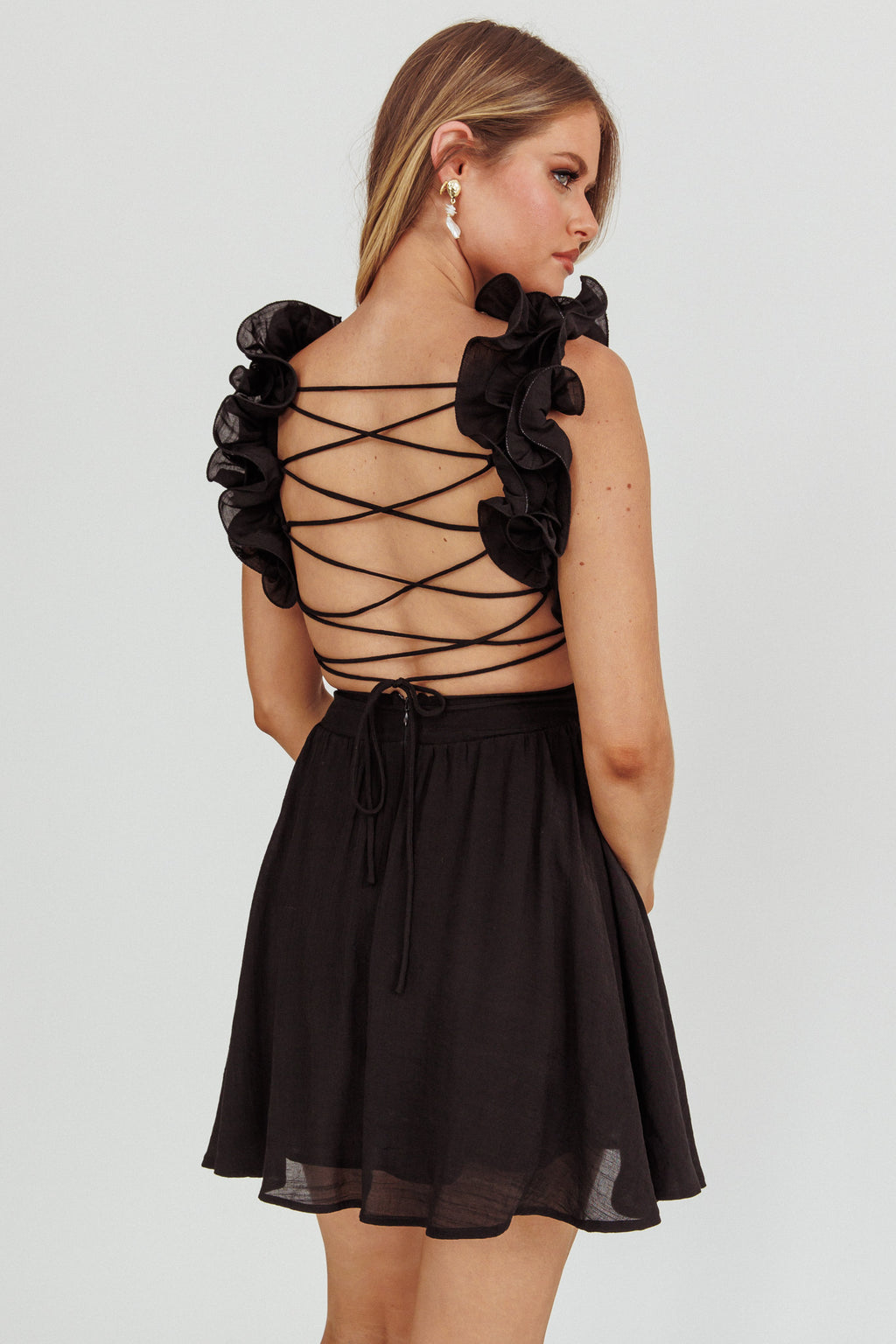 Madara Lace-Up Back Mini Dress Black by Selfie Leslie