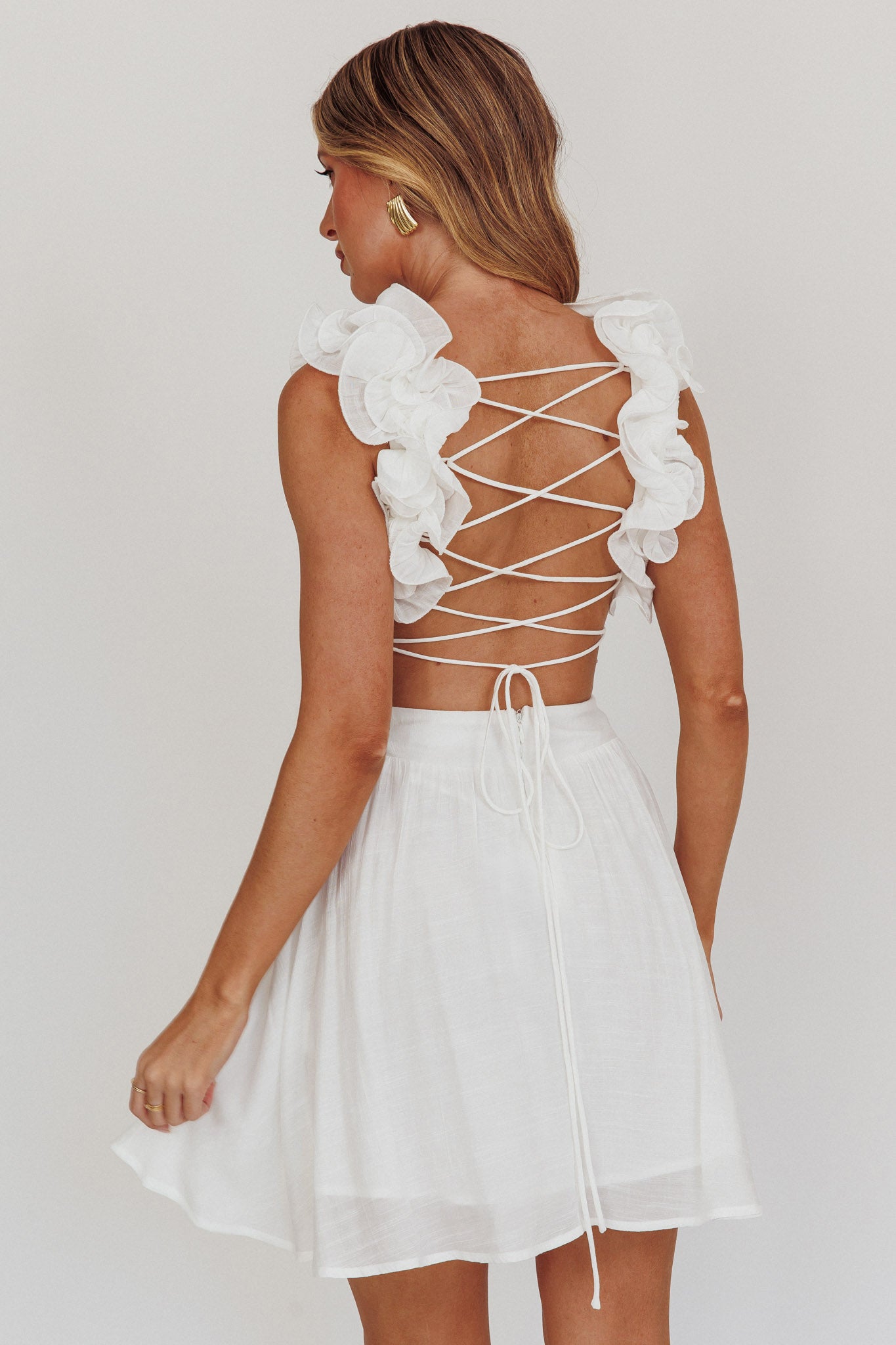 Madara Lace-Up Back Mini Dress White by Selfie Leslie